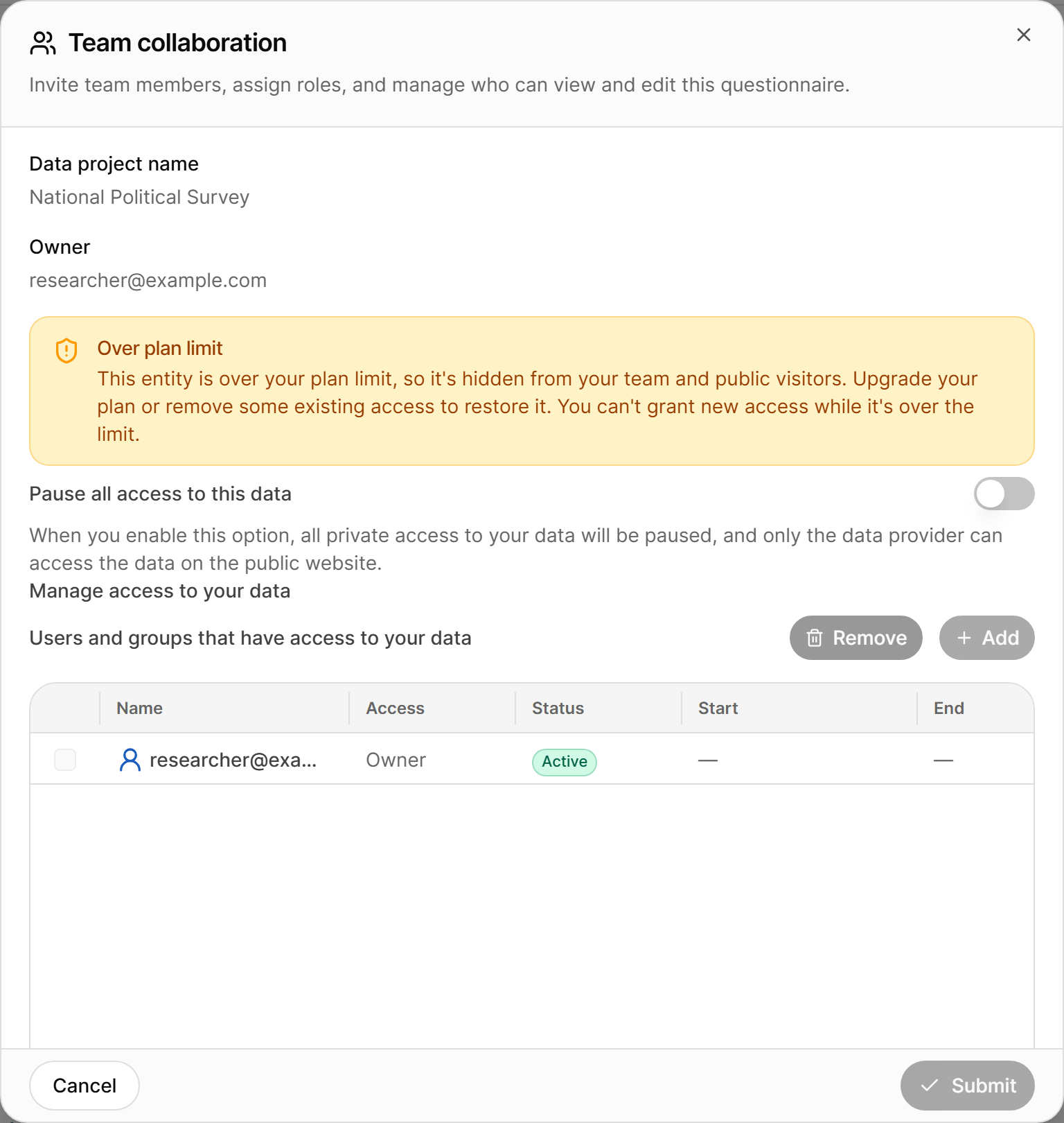 Team collaboration dialog