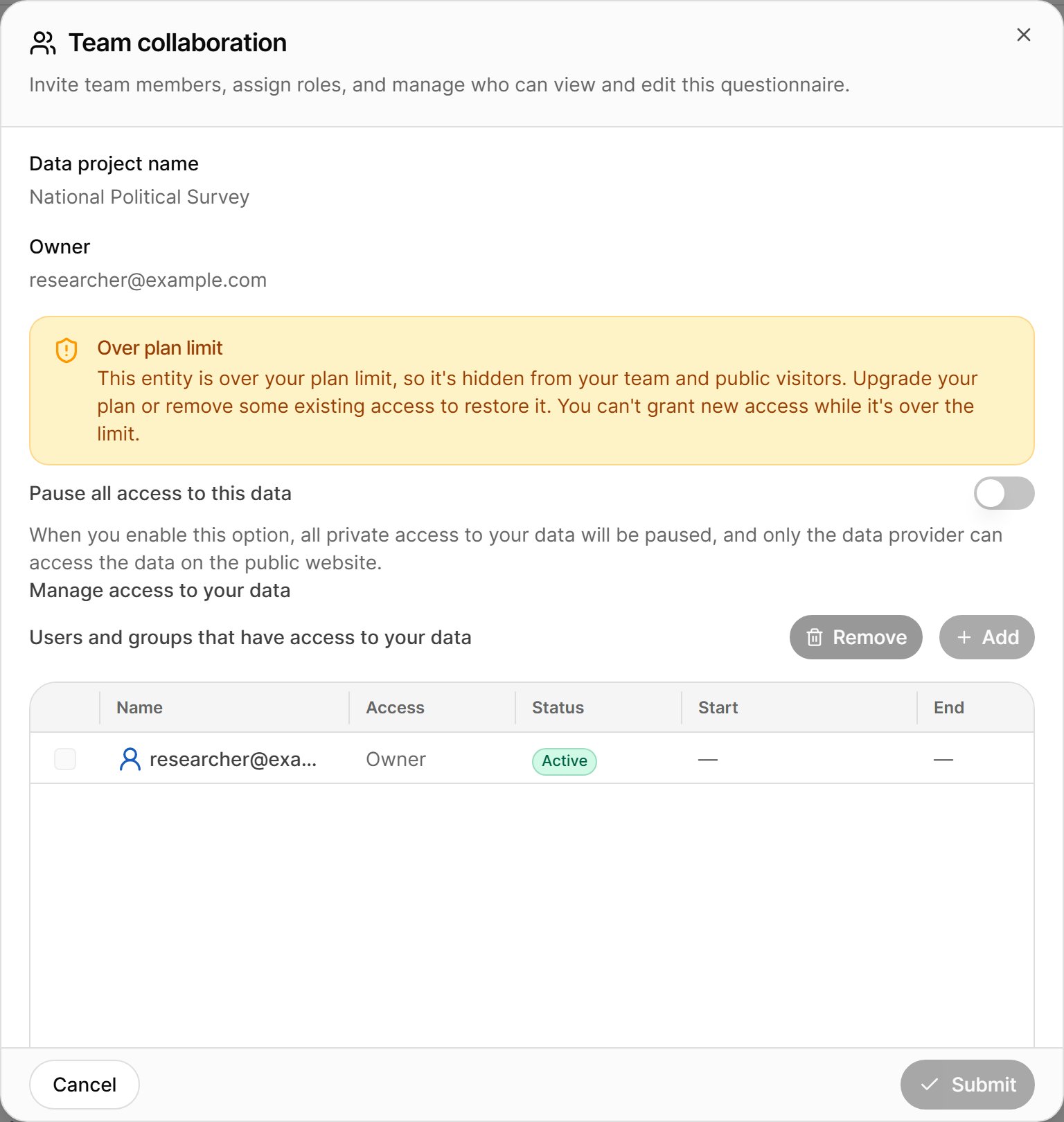 Team collaboration dialog