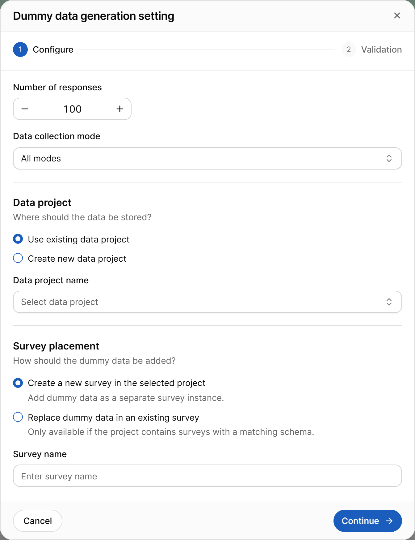 Dummy data generation setting dialog, Configure step