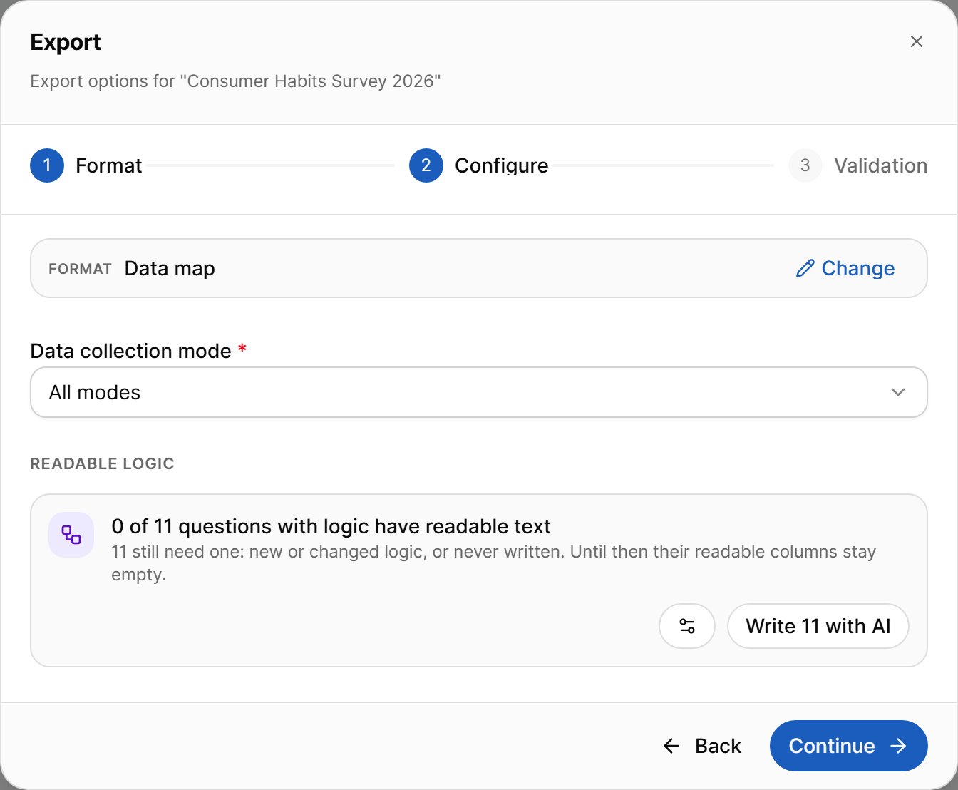 Export dialog, Configure step for a Data map