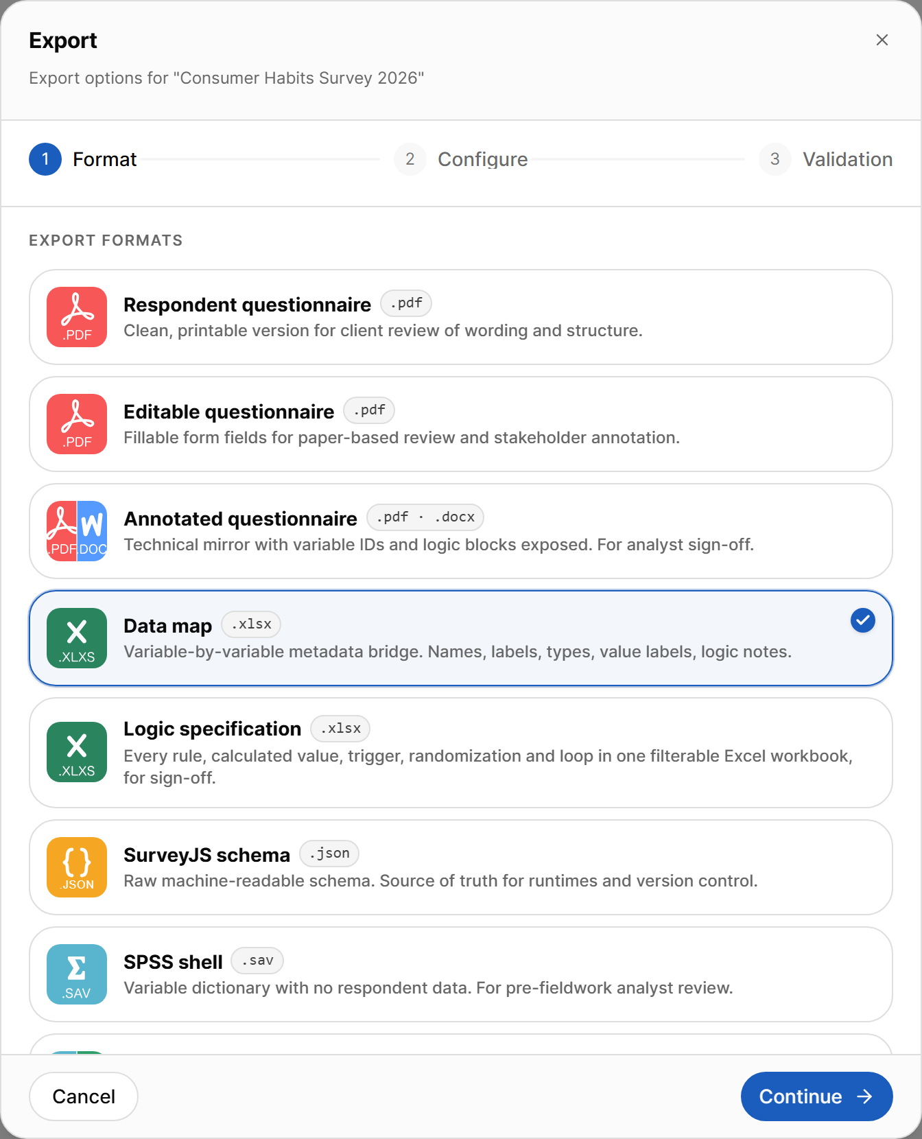Export dialog, Format step, first part of the format list