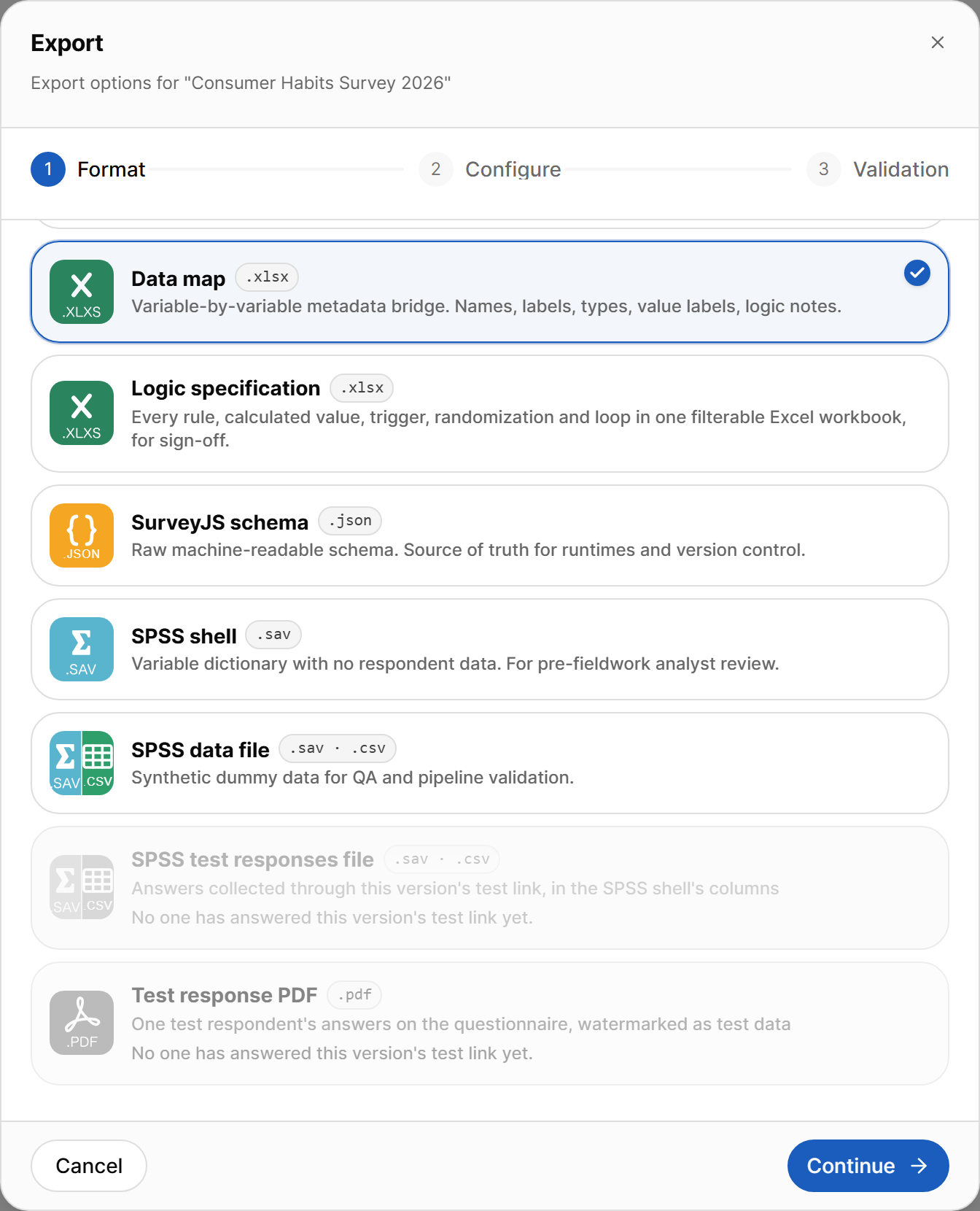 Export dialog, Format step, remaining formats including test responses