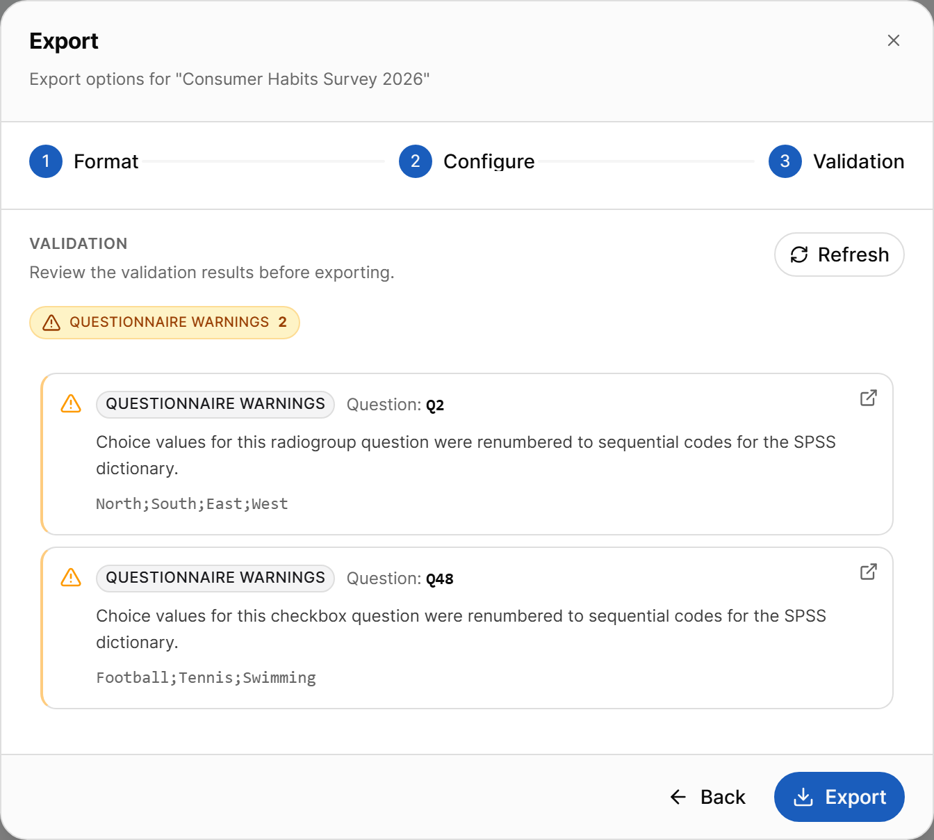 Export dialog, Validation step with questionnaire warnings