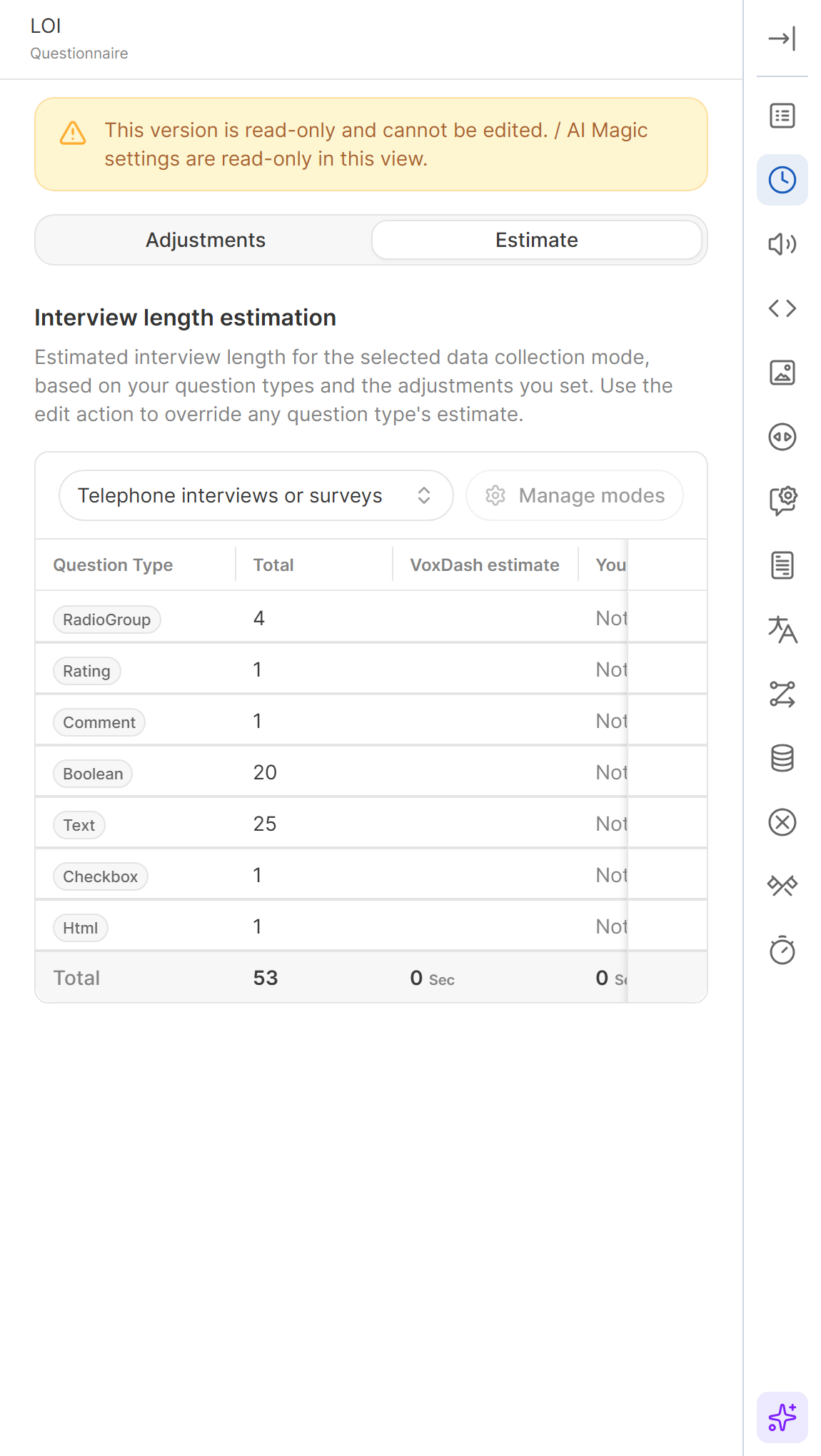 LOI Estimate tab with the data collection mode selector and the question type table