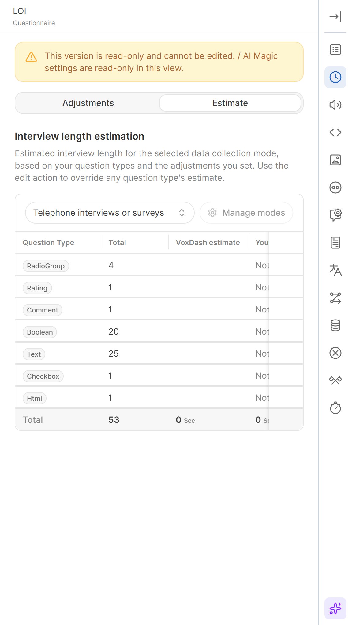 LOI Estimate tab with the data collection mode selector and the question type table