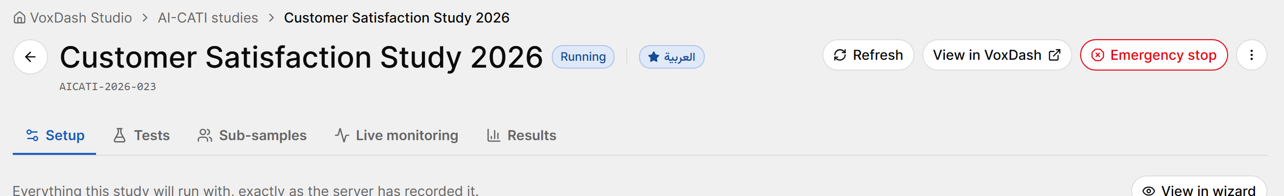 Study page header of a running study