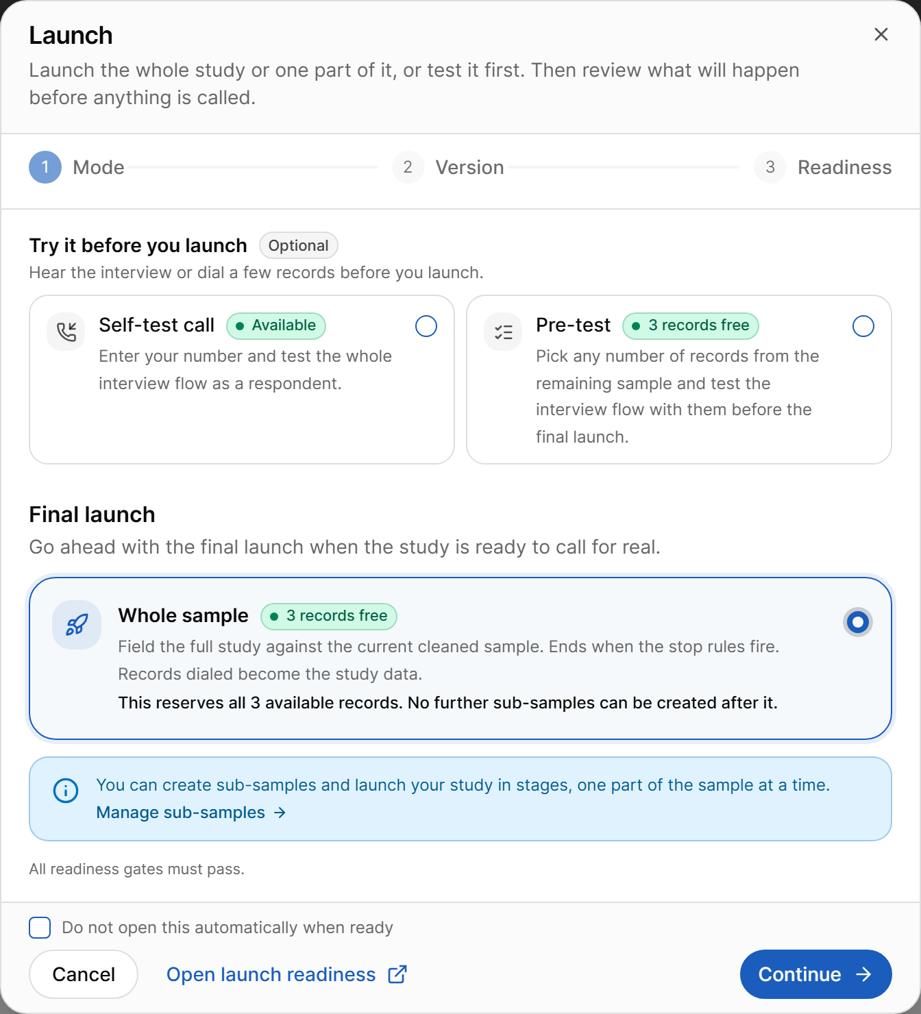 Launch dialog, Mode step
