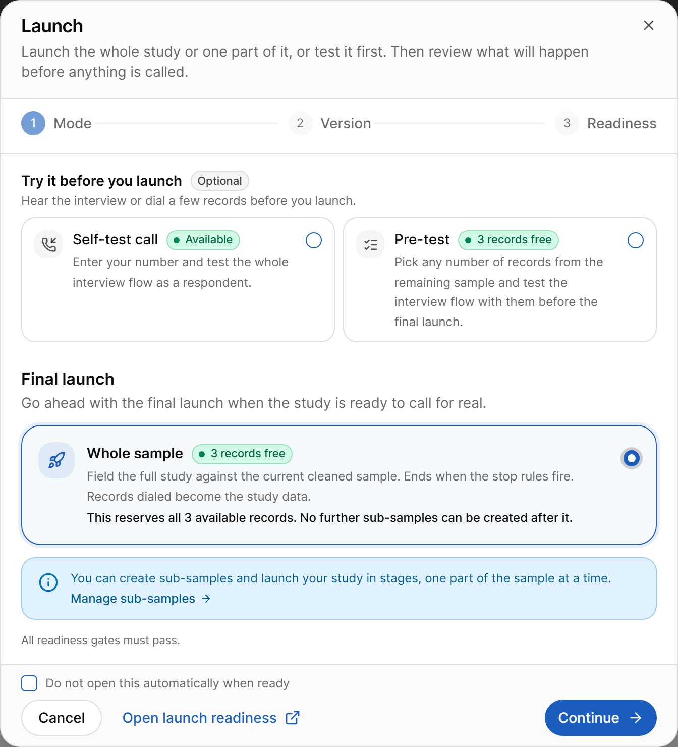 Launch dialog, Mode step
