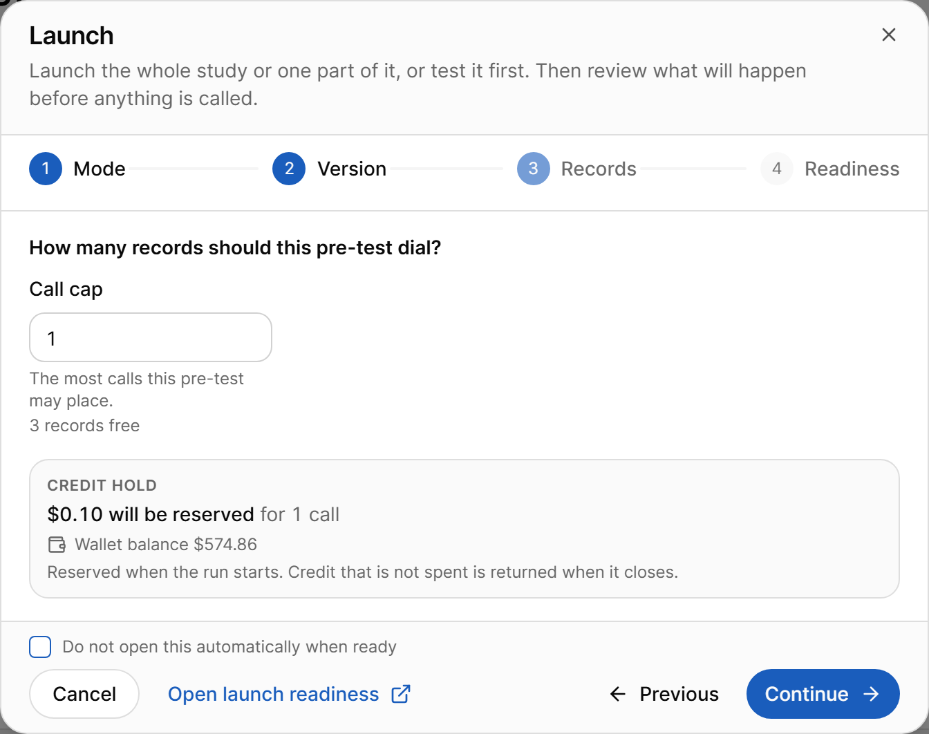 Launch dialog, pre-test records step