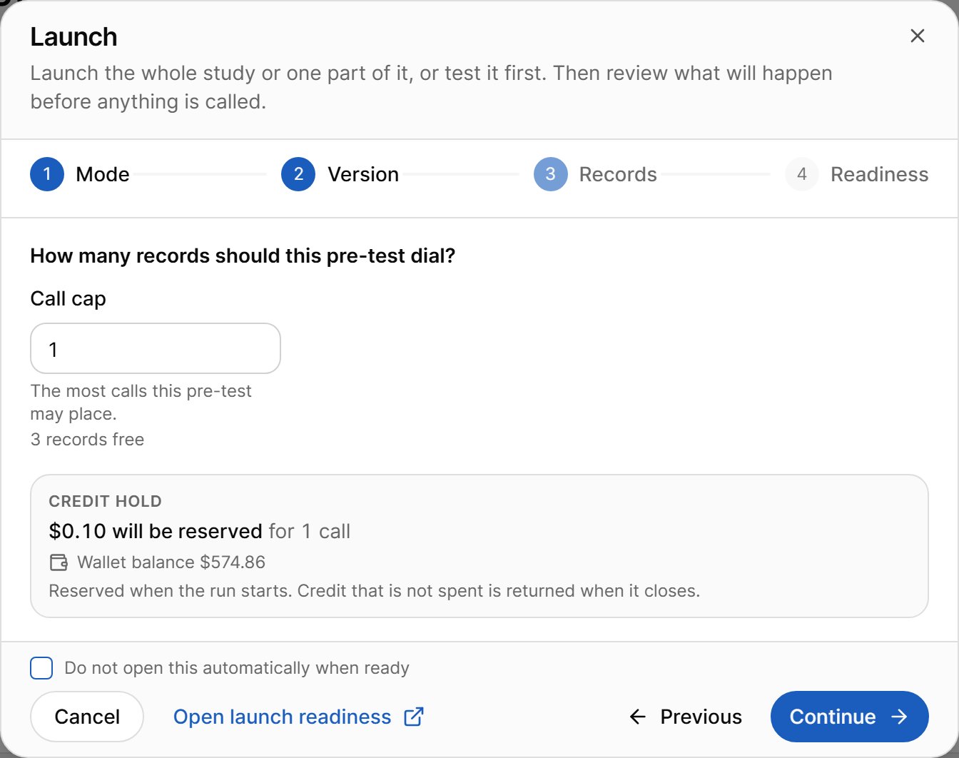 Launch dialog, pre-test records step