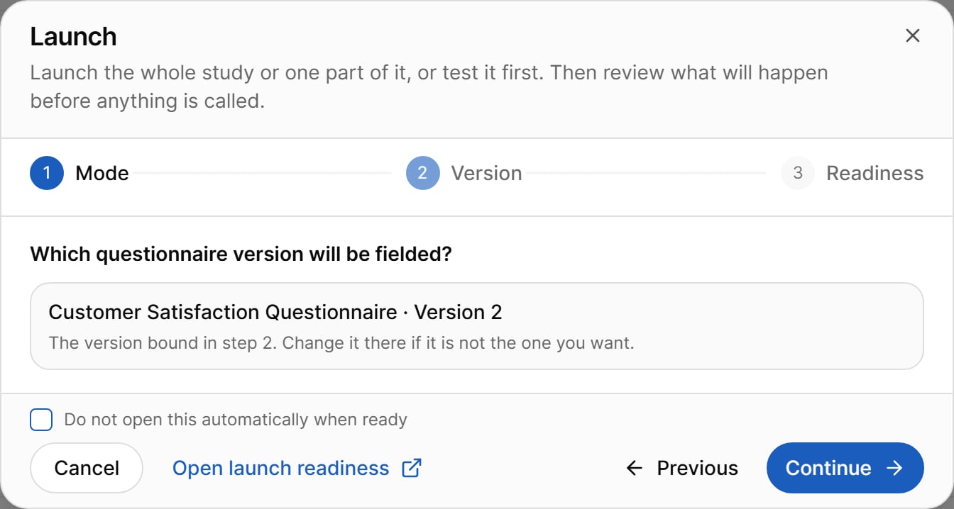 Launch dialog, Version step