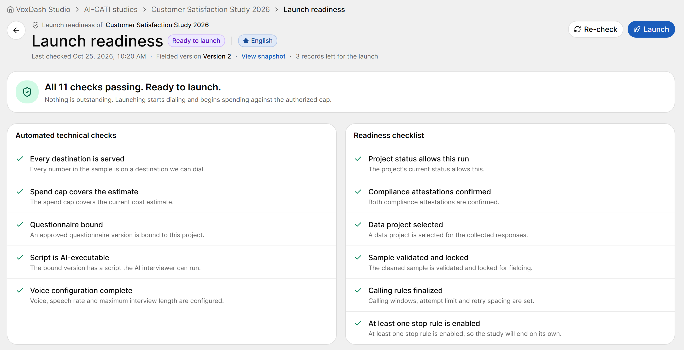 Launch readiness page