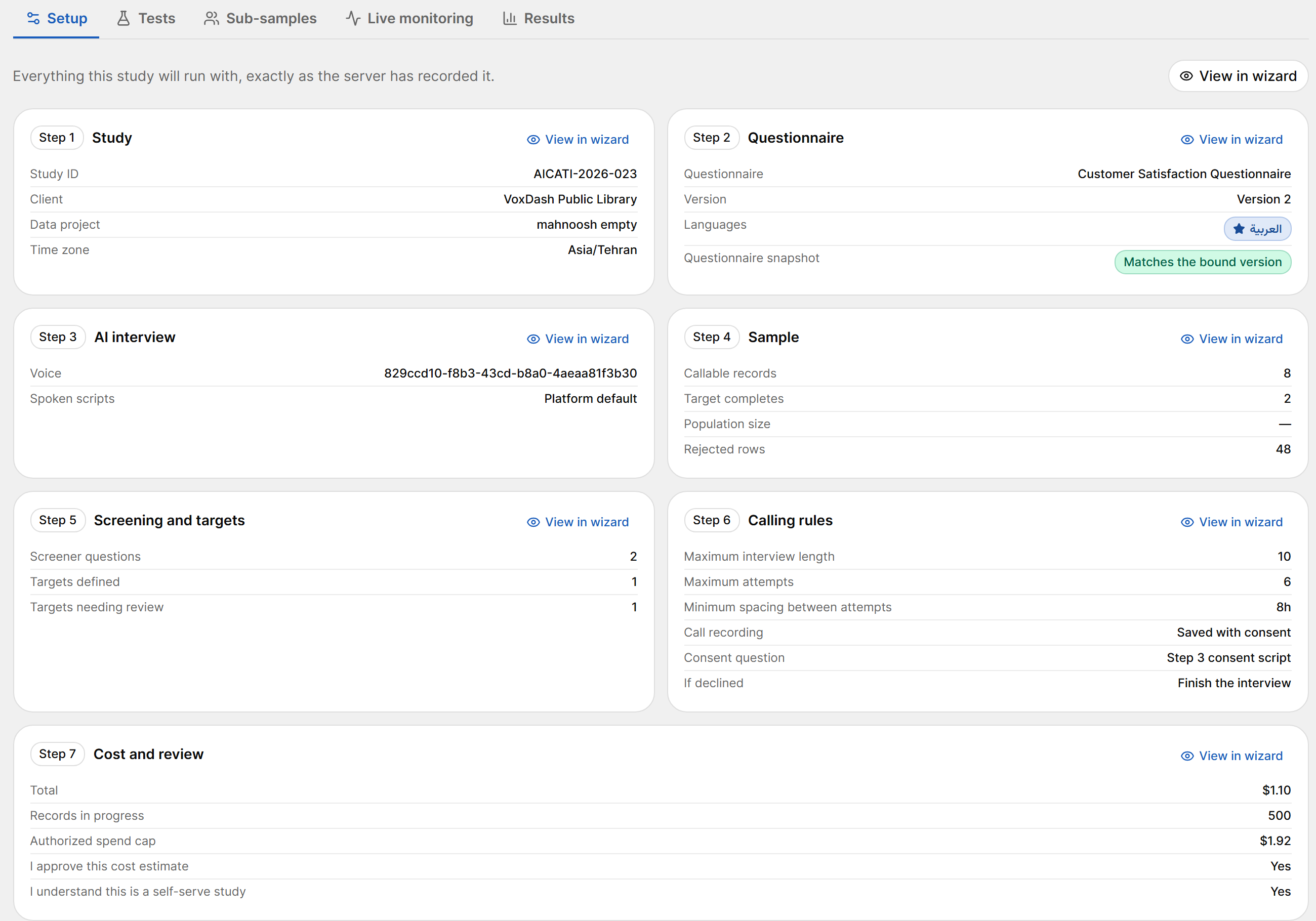 Setup tab summary