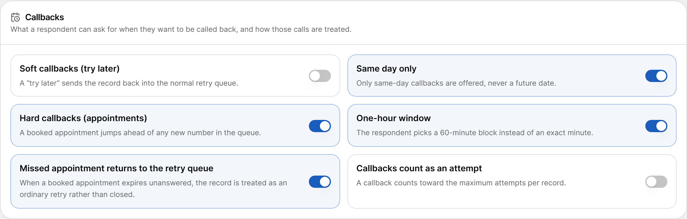 Callbacks settings