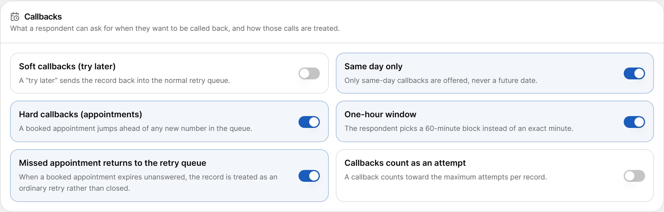 Callbacks settings