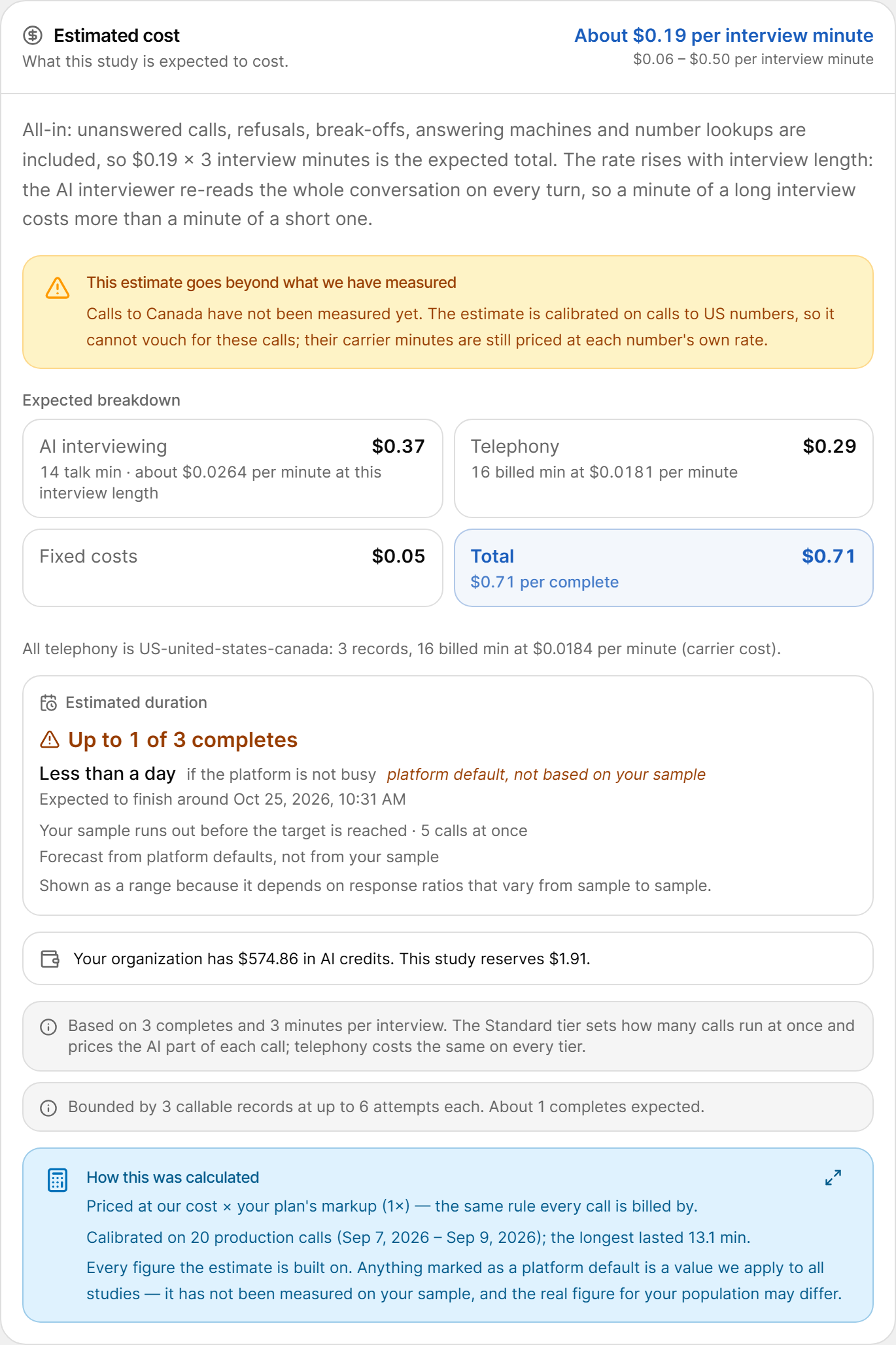 Estimated cost card
