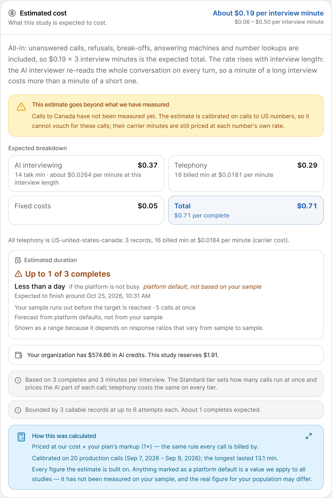 Estimated cost card