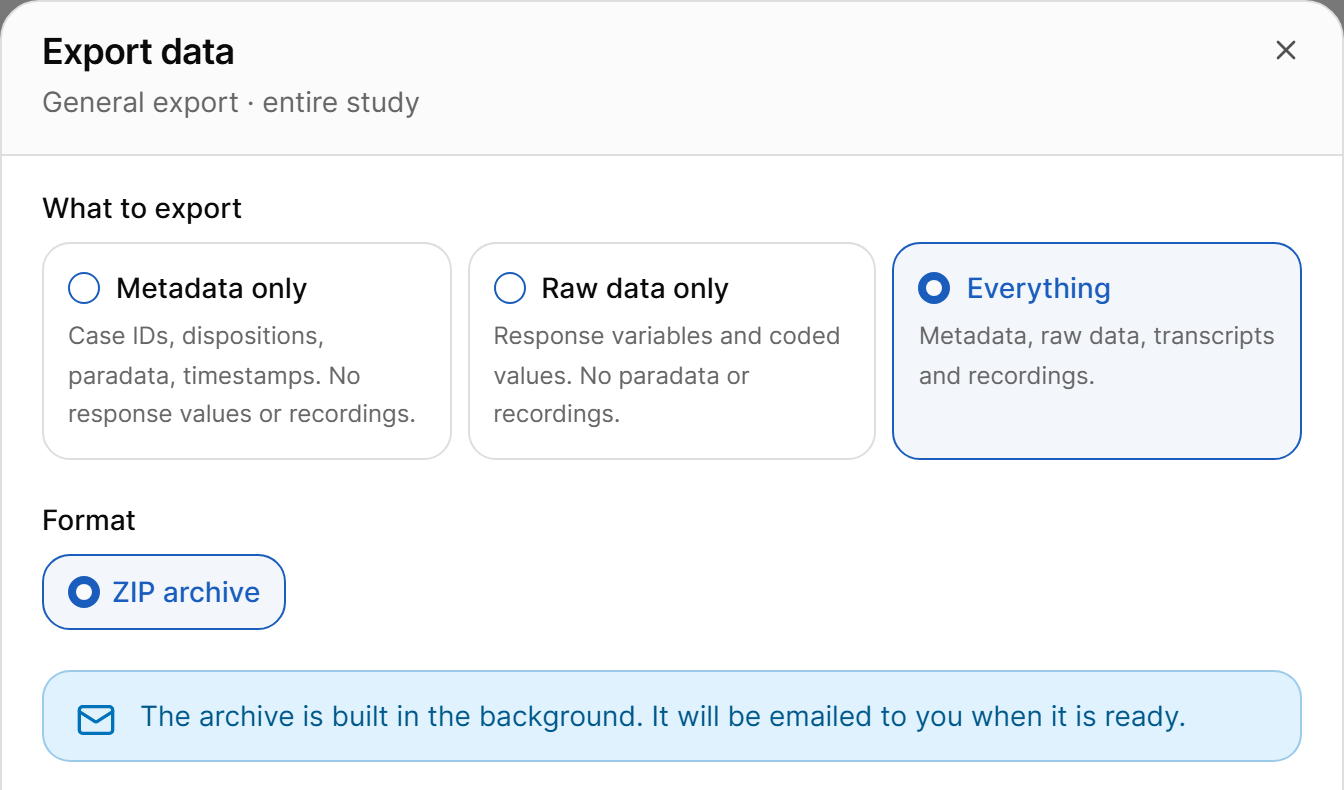 Export data dialog with Everything selected