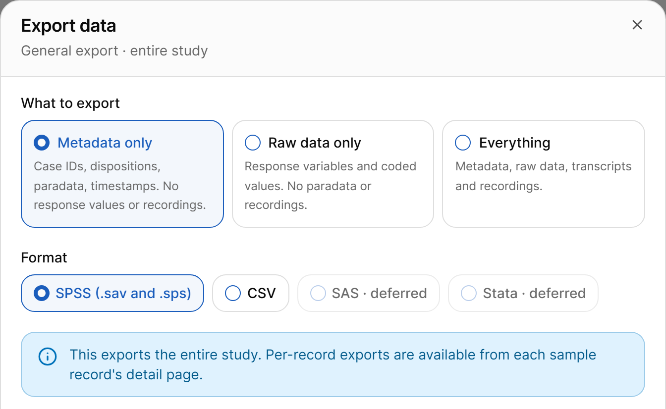Export data dialog with Metadata only selected