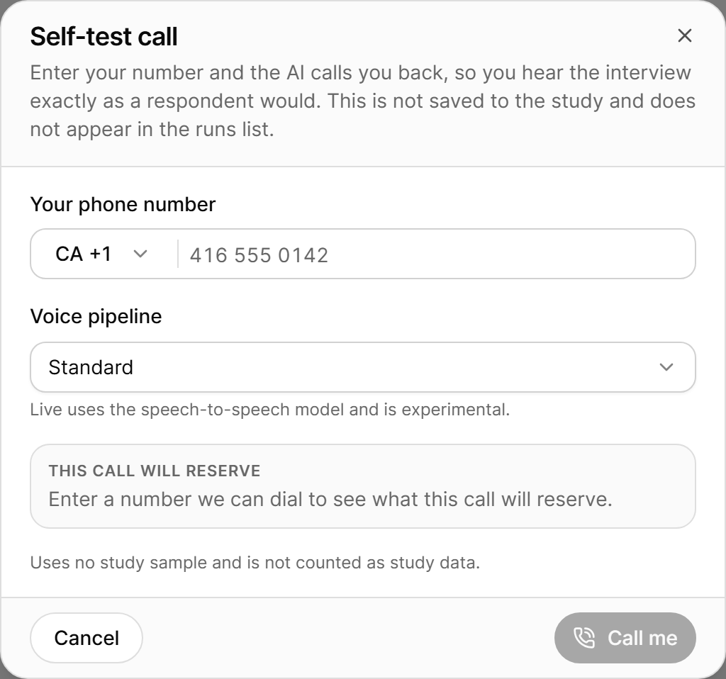 Self-test call dialog with phone number, voice pipeline and the credit reserved for the call