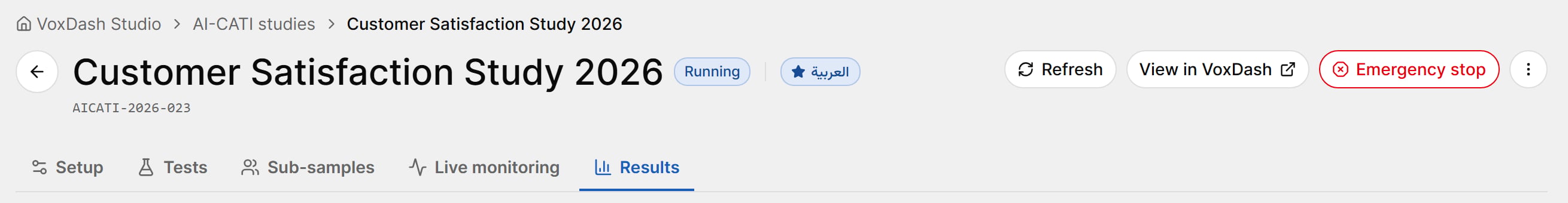 Study page header with the Setup, Tests, Sub-samples, Live monitoring and Results tabs