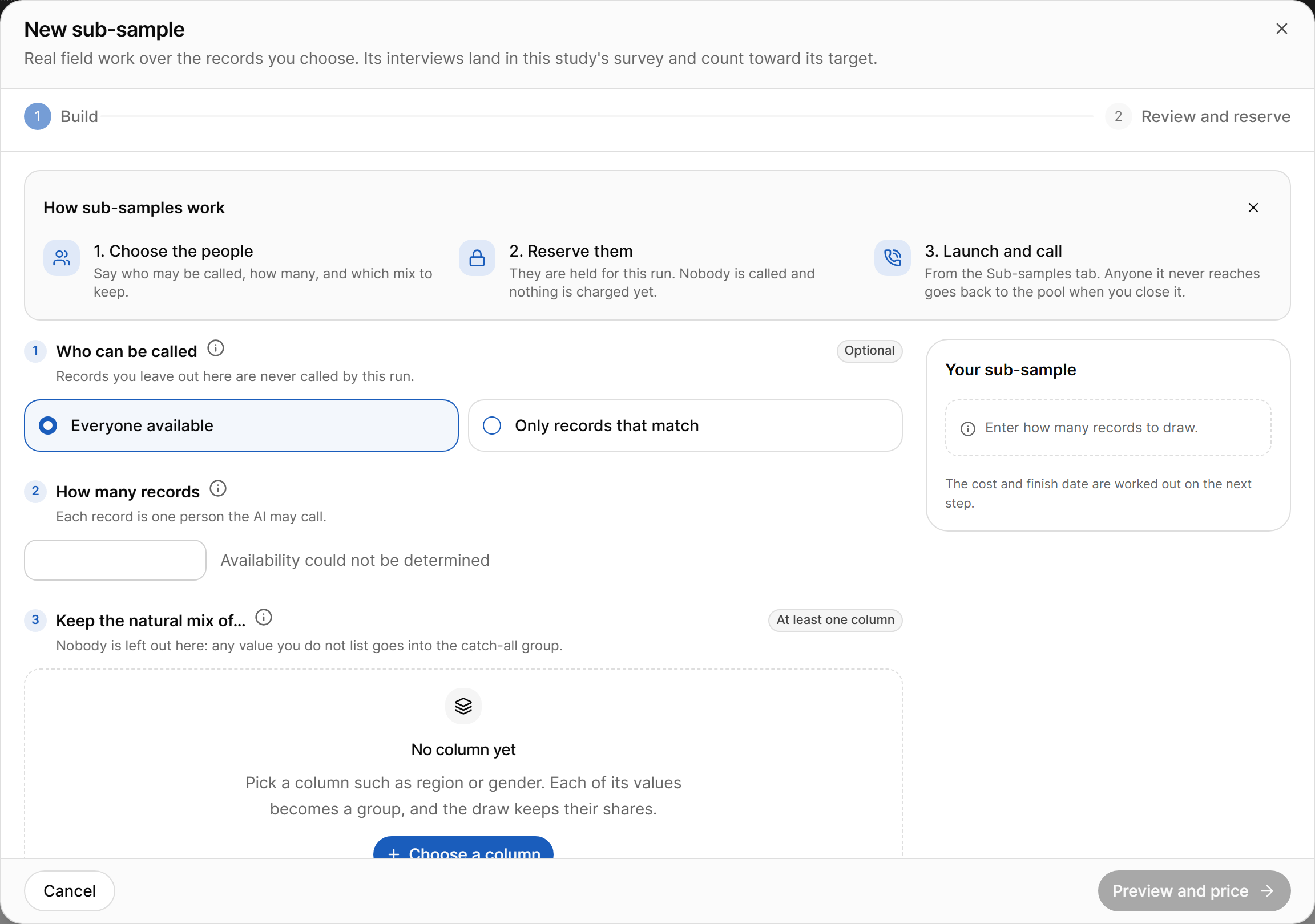 New sub-sample dialog, Build step