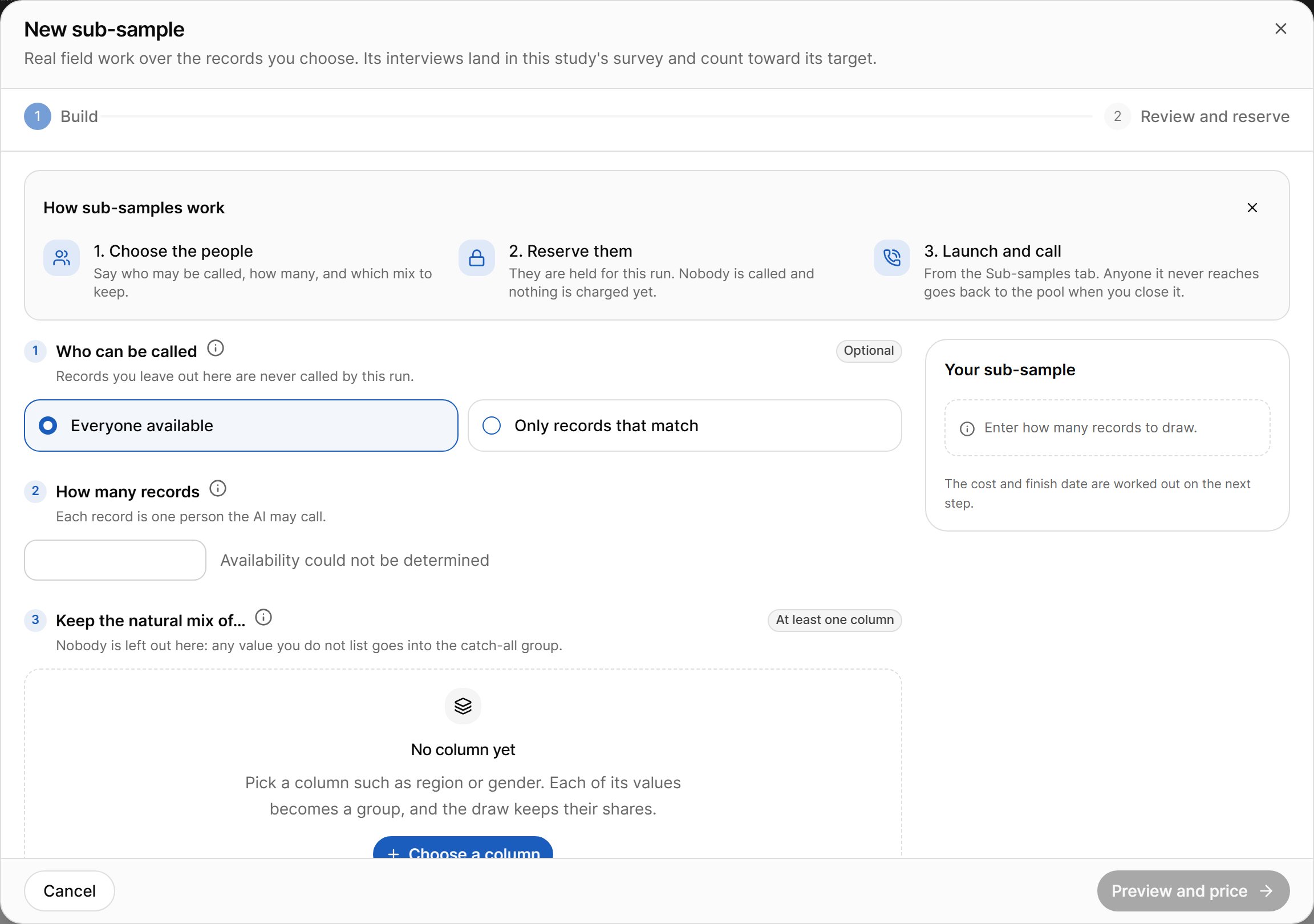 New sub-sample dialog, Build step