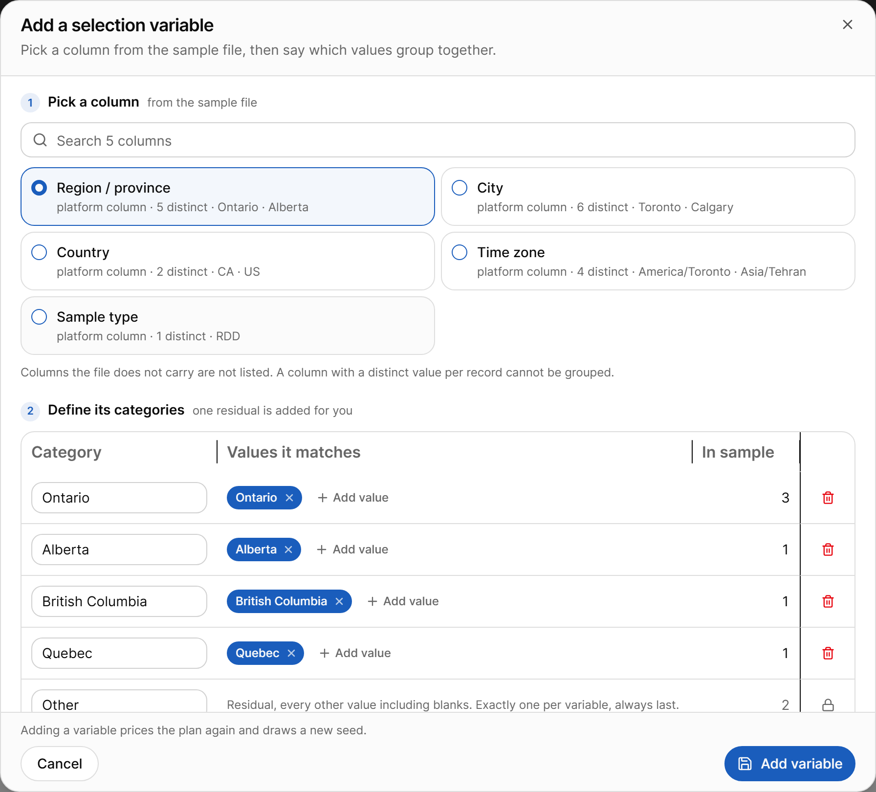 Add a selection variable dialog with categories for Region / province