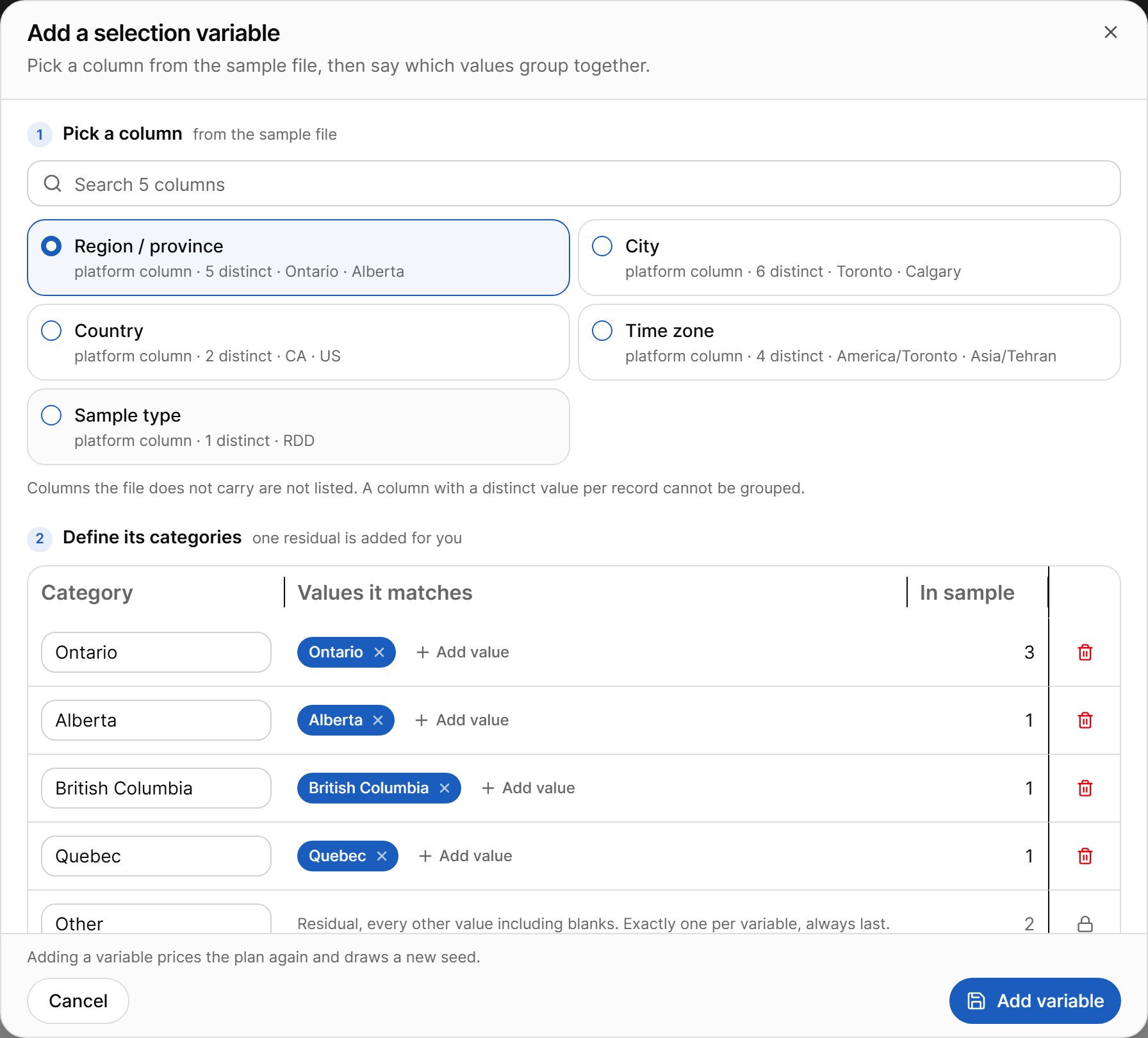 Add a selection variable dialog with categories for Region / province