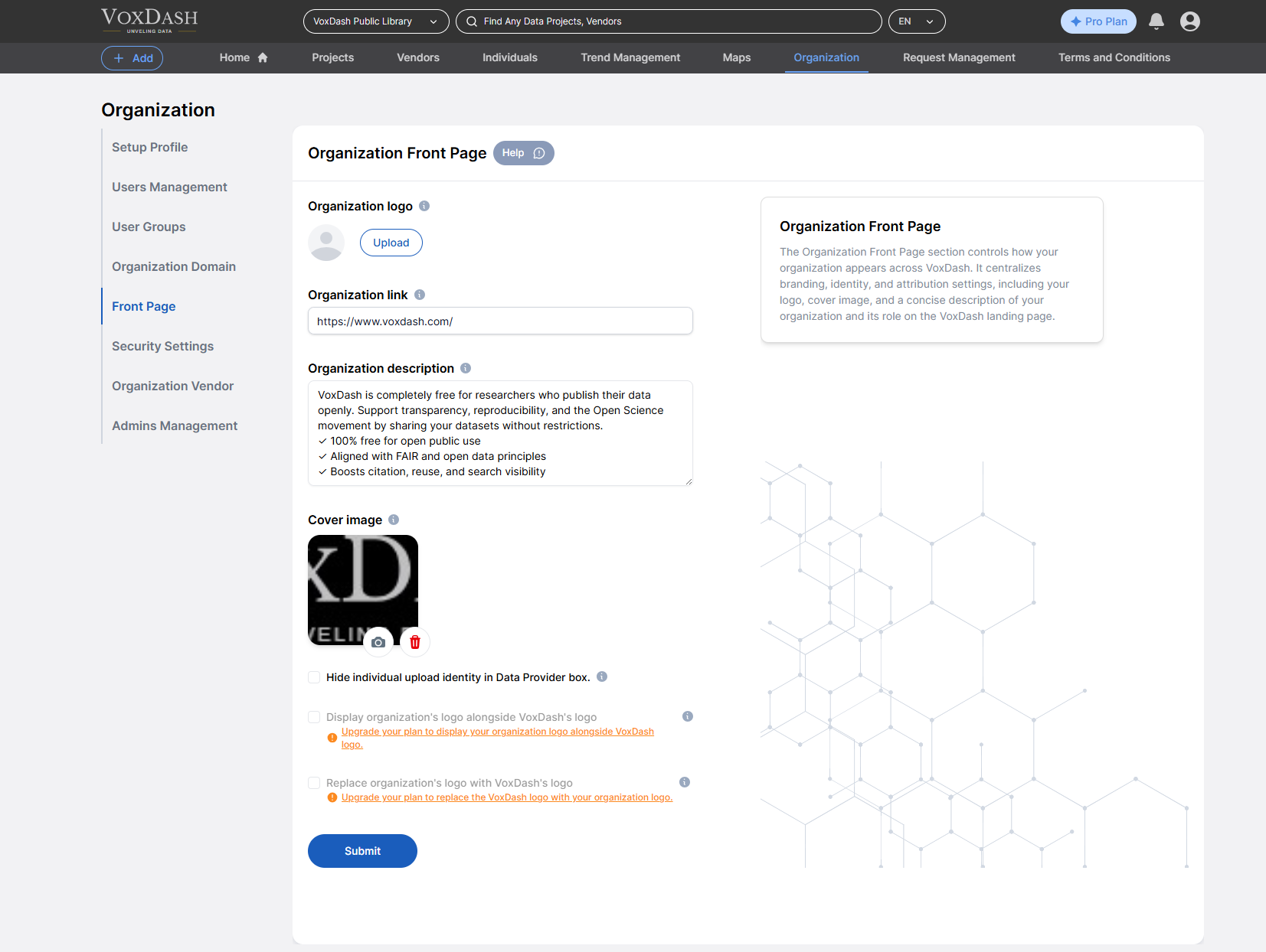 Organization landing