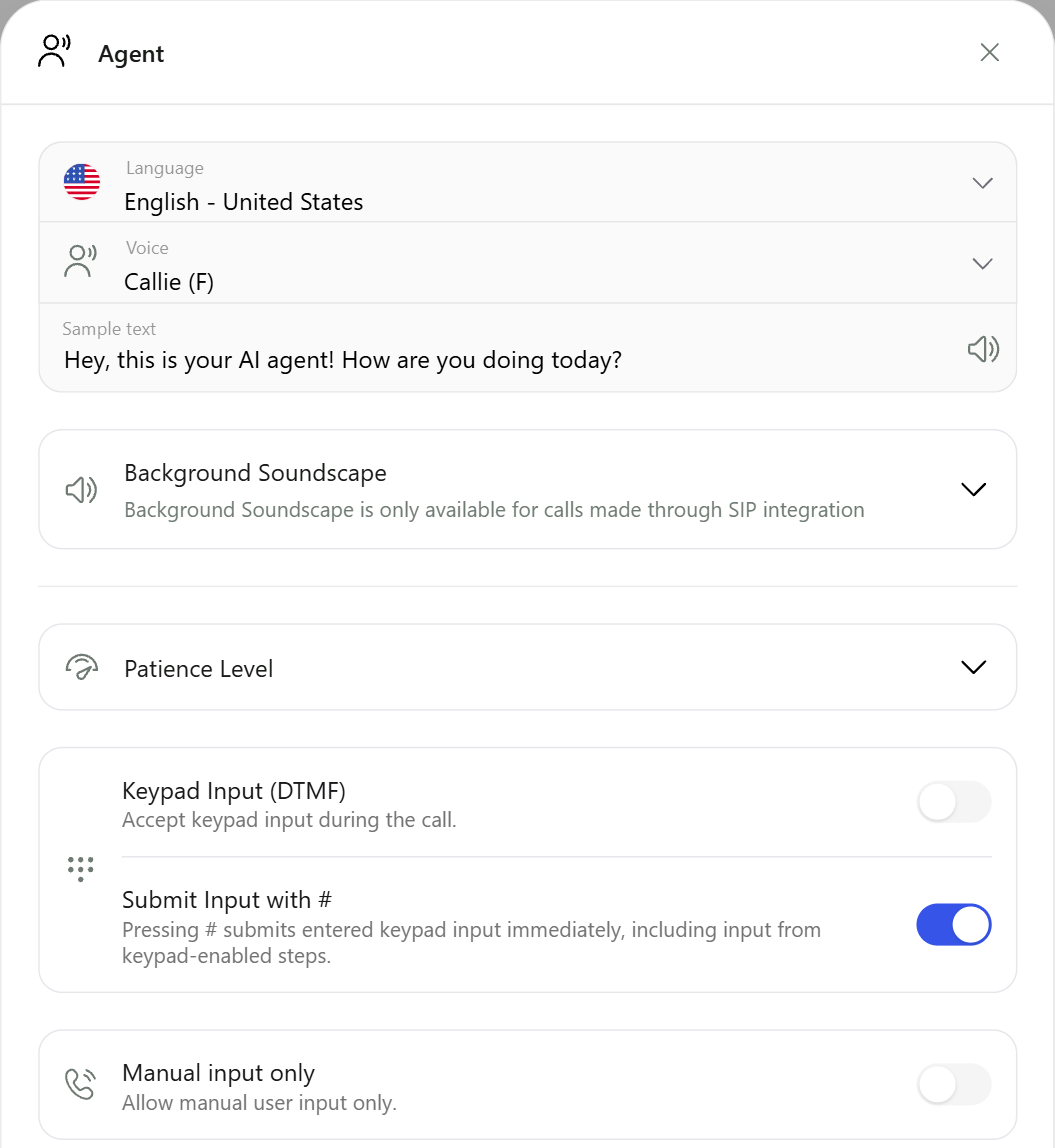 The Agent window with language, voice, sample text, Background Soundscape, Patience Level and keypad settings