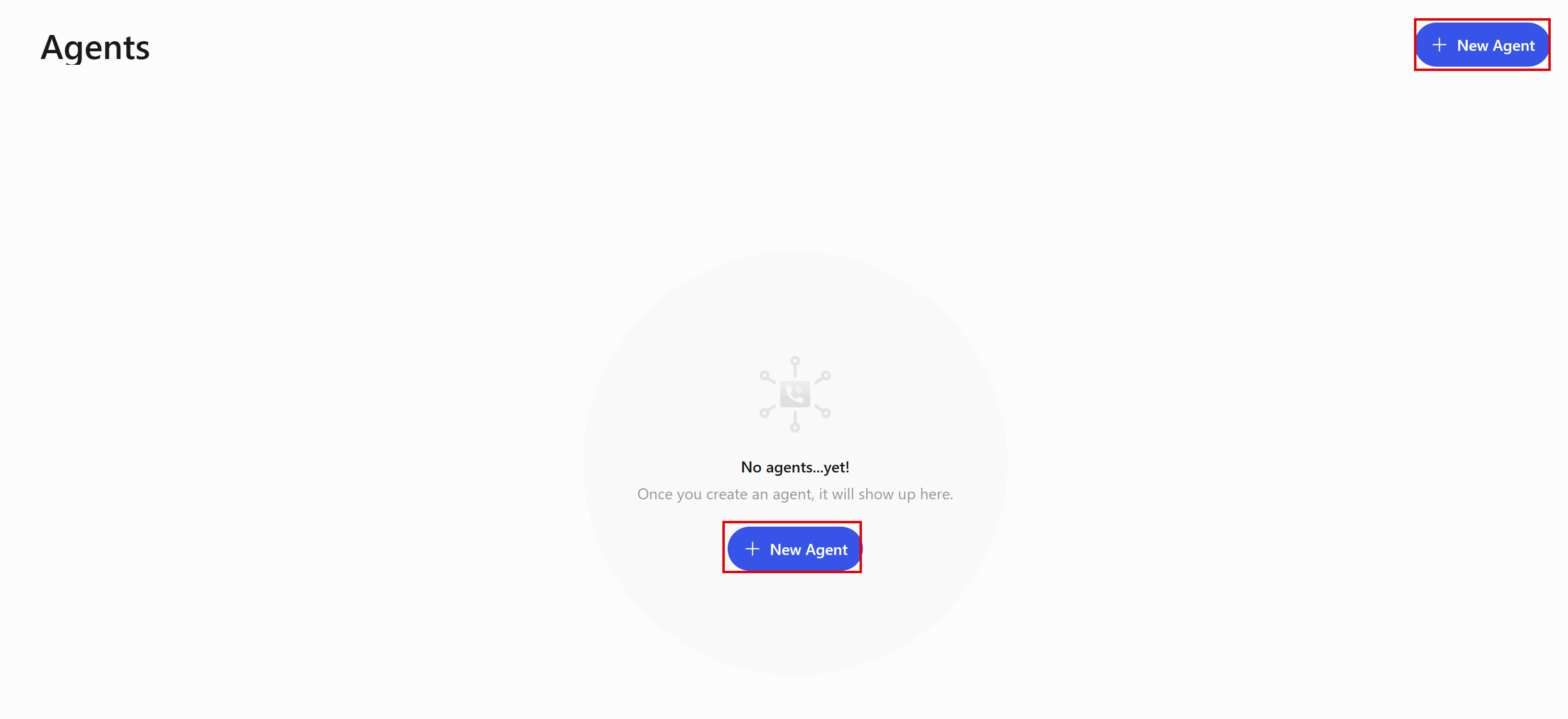The Agents page with the New Agent button in the top right corner and in the middle of the empty page
