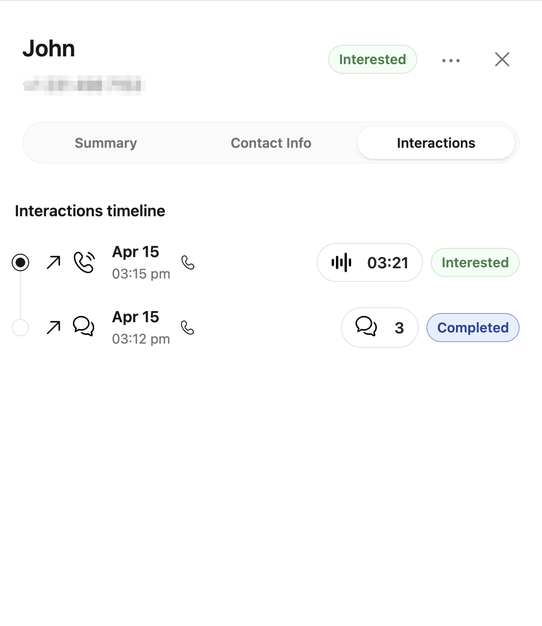 Contact sidebar interactions timeline