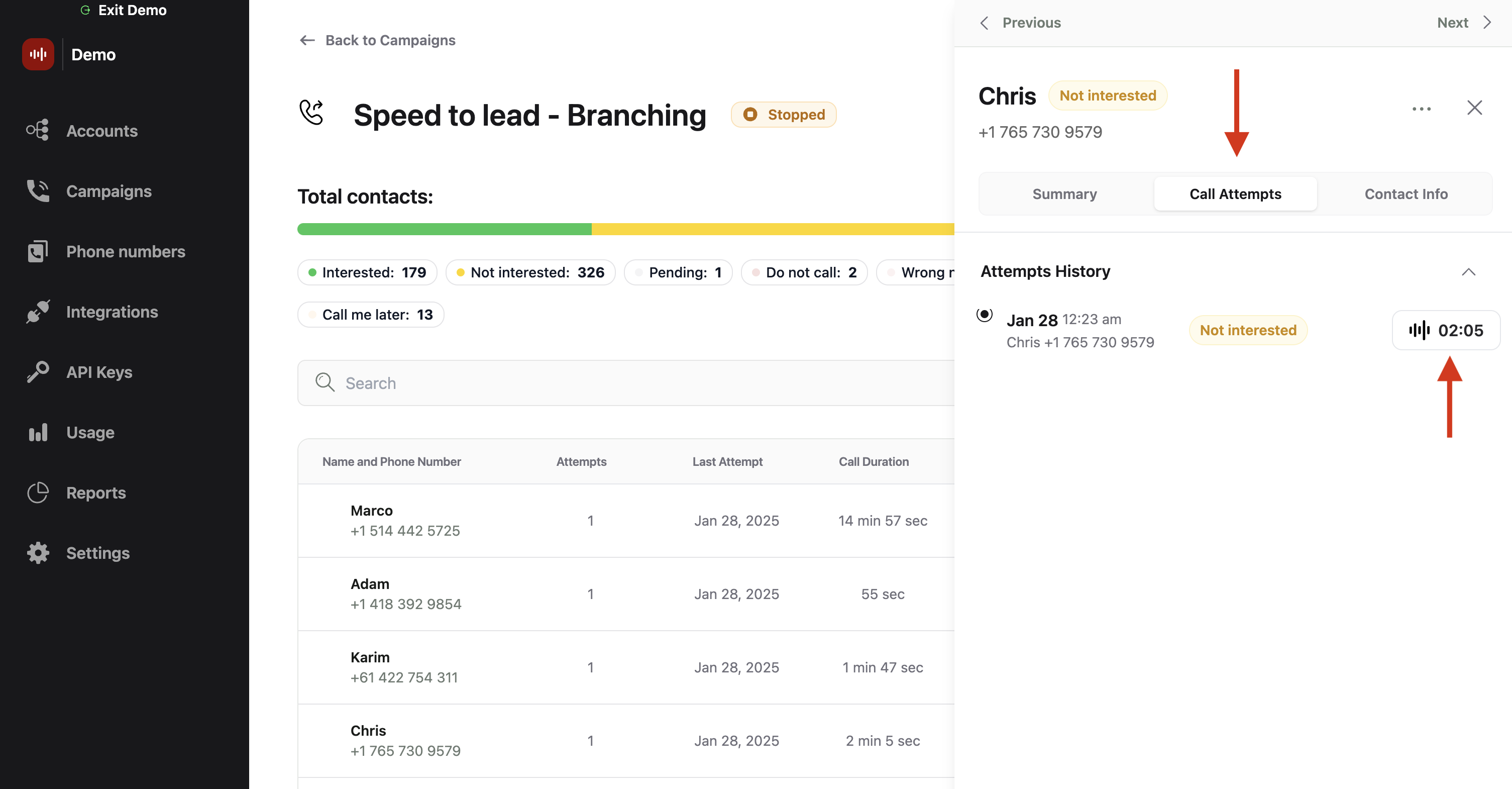 contact call attempts