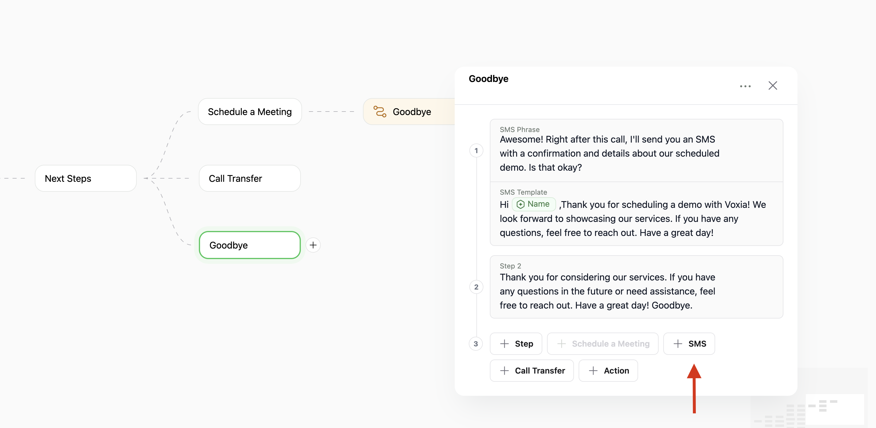 Setting up an SMS within a step