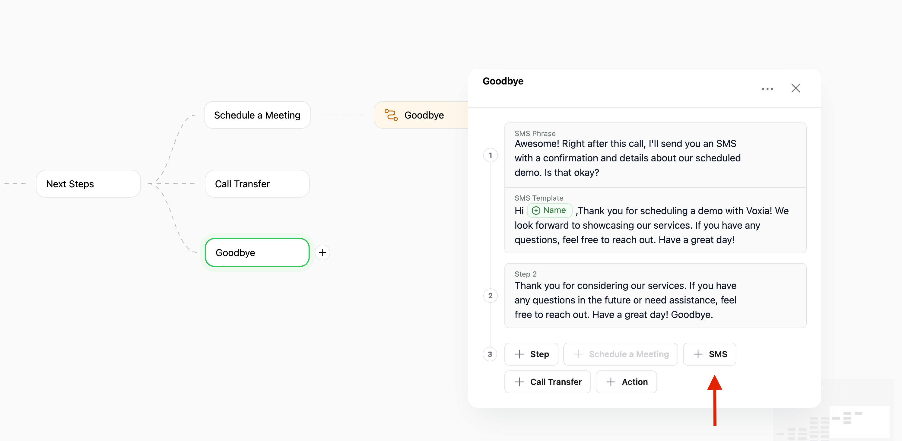 Setting up an SMS within a step