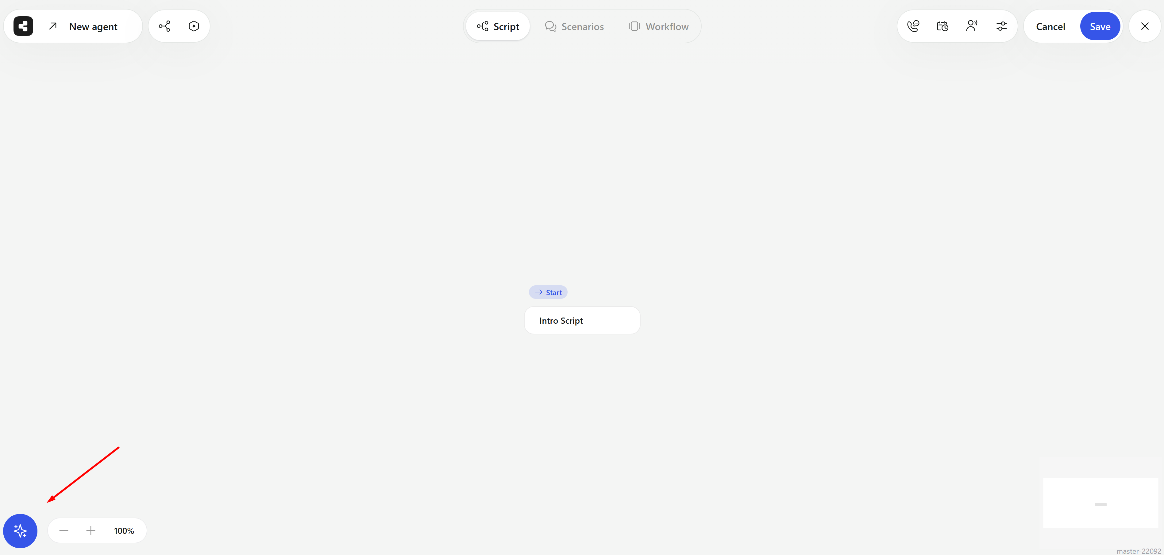 Script canvas with the AI button highlighted in the bottom-left corner