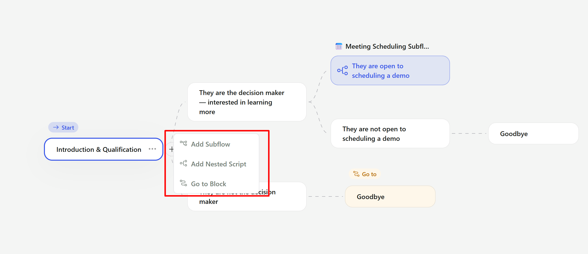 The + menu with Add Subflow, Add Nested Script, and Go to Block