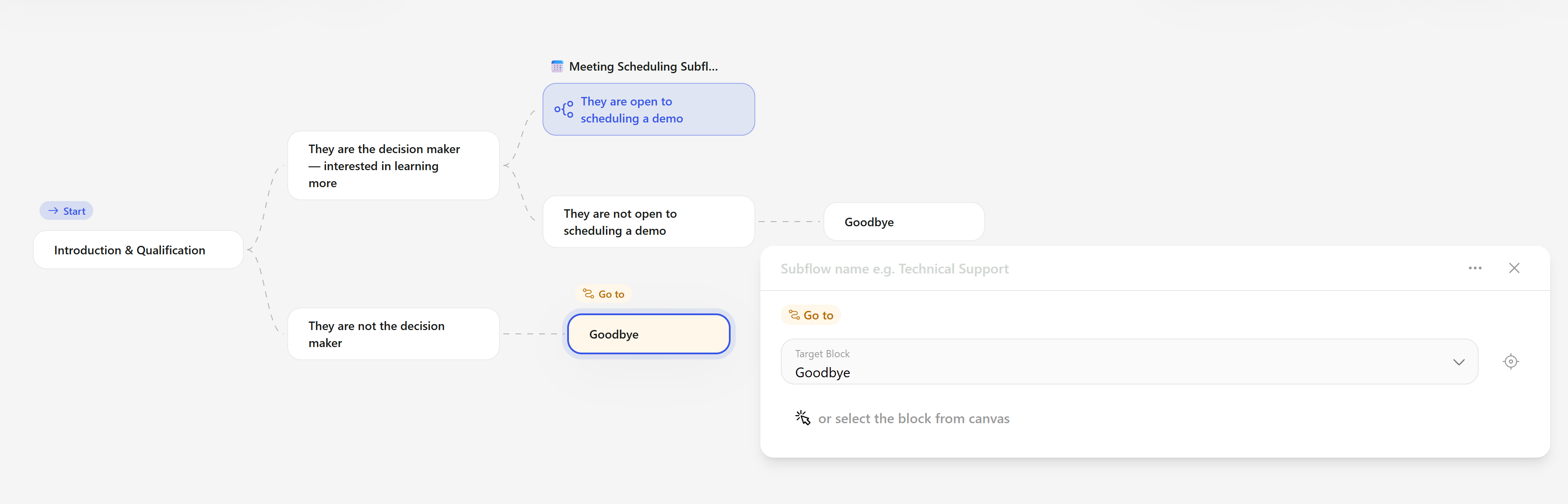 Go to Block panel with the Target Block dropdown