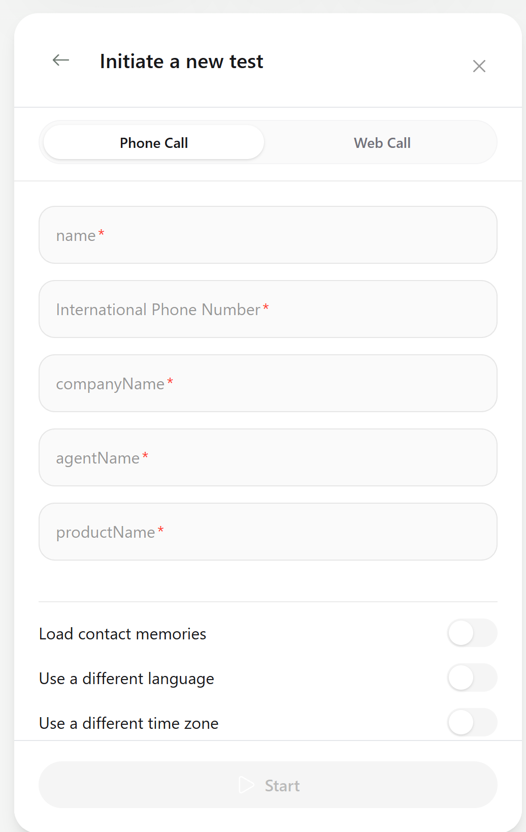 Initiate a new test window with Phone Call and Web Call tabs