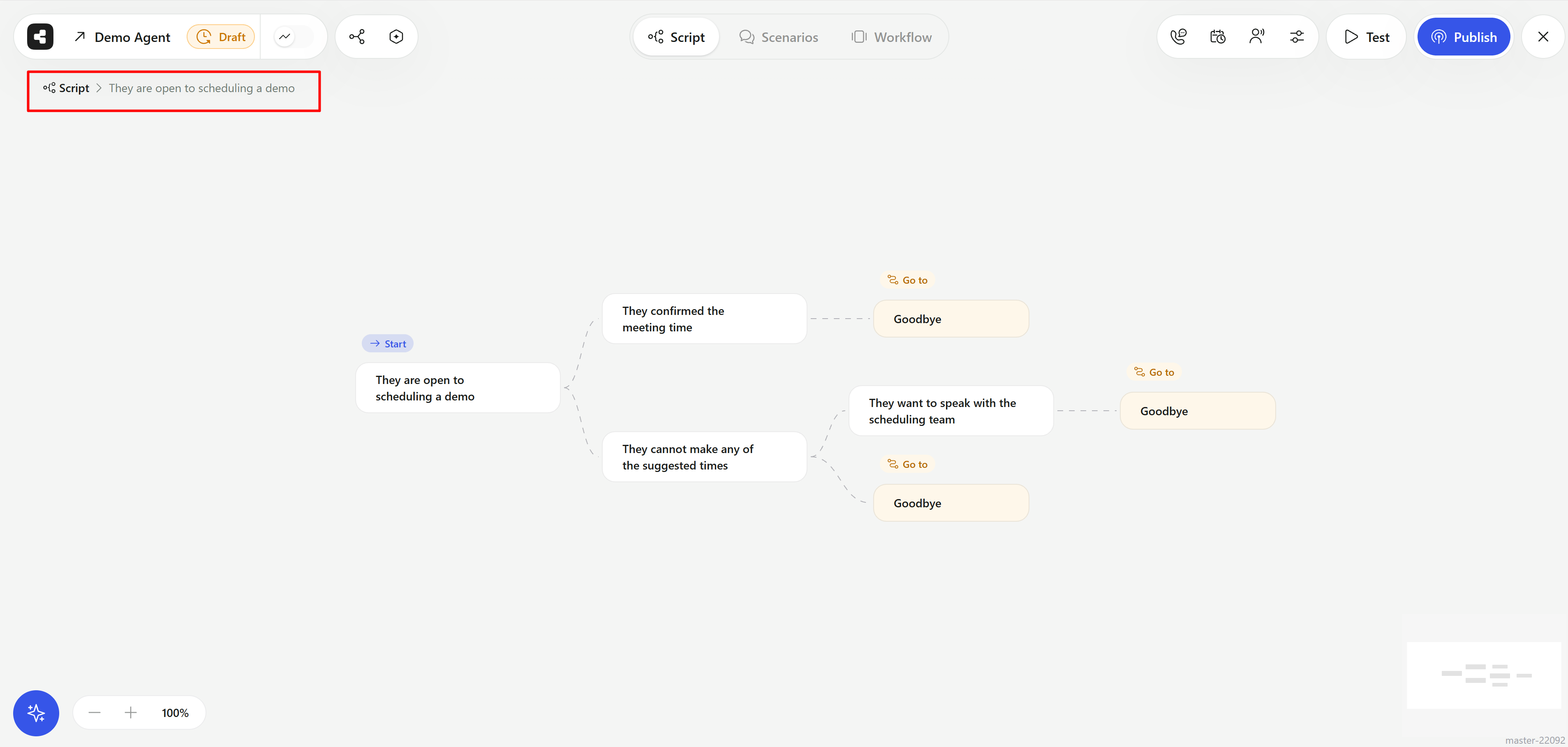 A nested script open on its own canvas with a breadcrumb back to Script