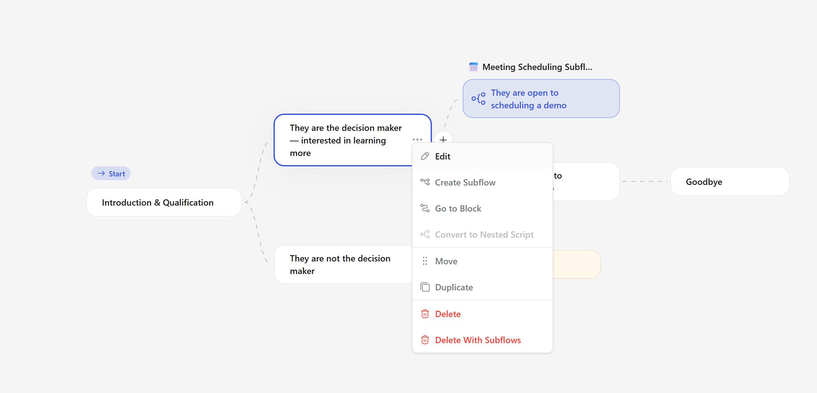 Node context menu with Edit, Create Subflow, Go to Block, Convert to Nested Script, Move, Duplicate and Delete options