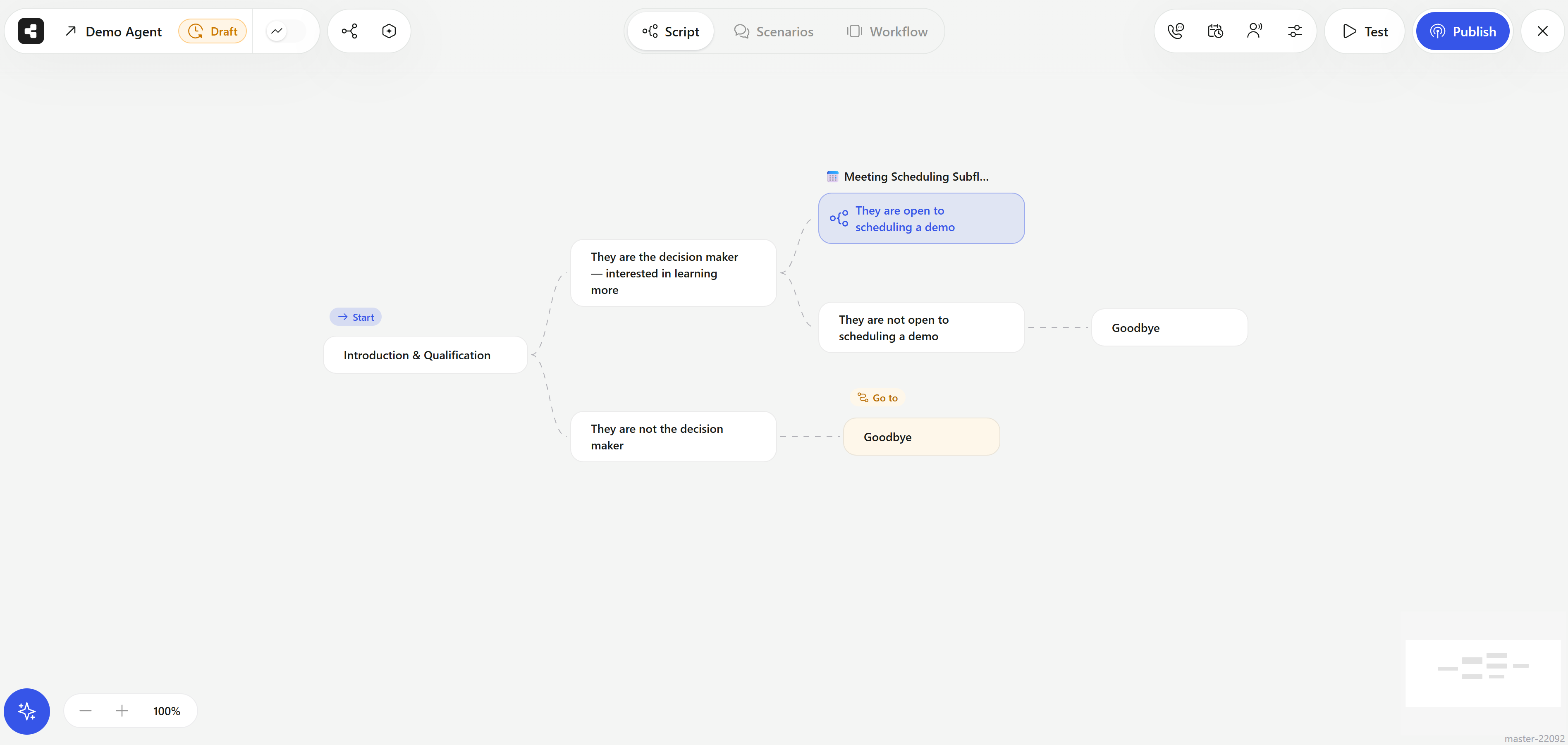 Script canvas showing a branching conversation flow