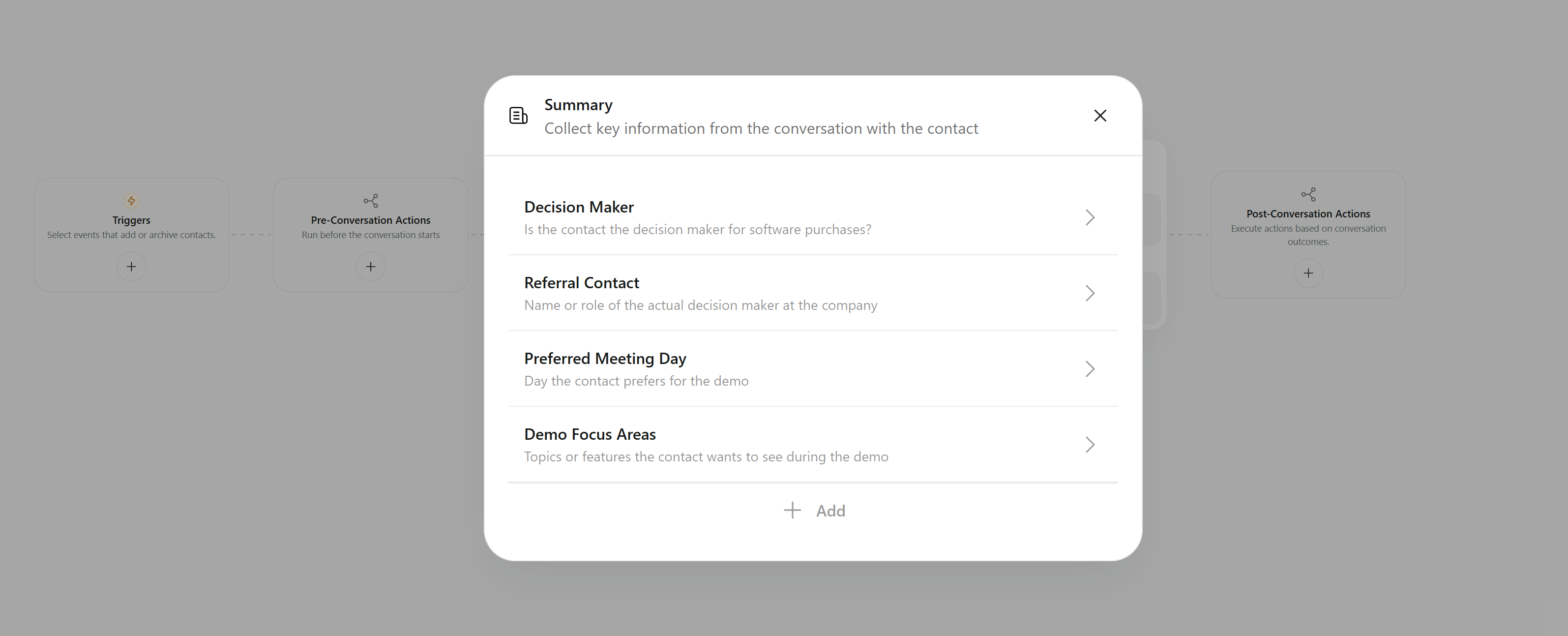 Summary window listing the information collected from the conversation