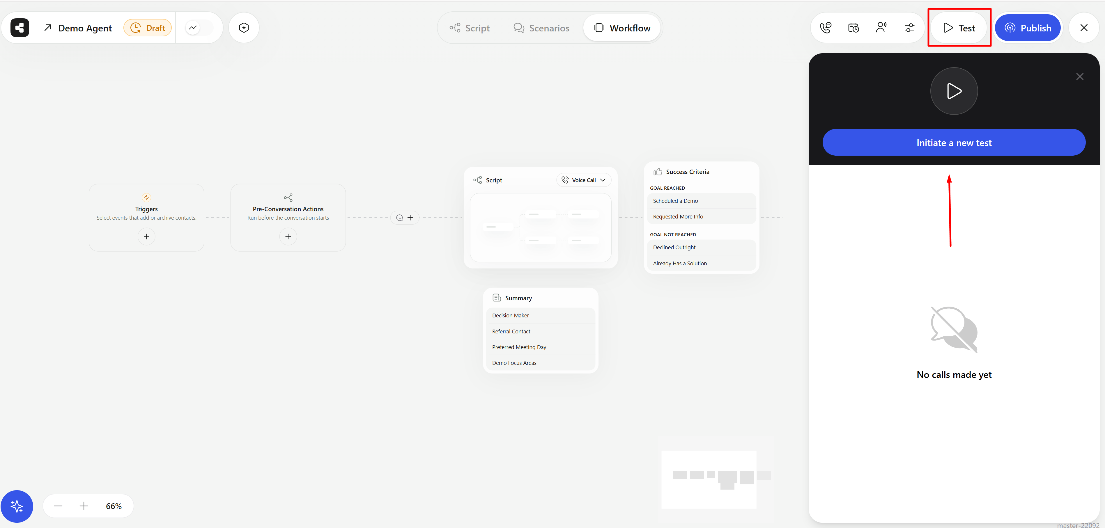 Test panel with the Initiate a new test button