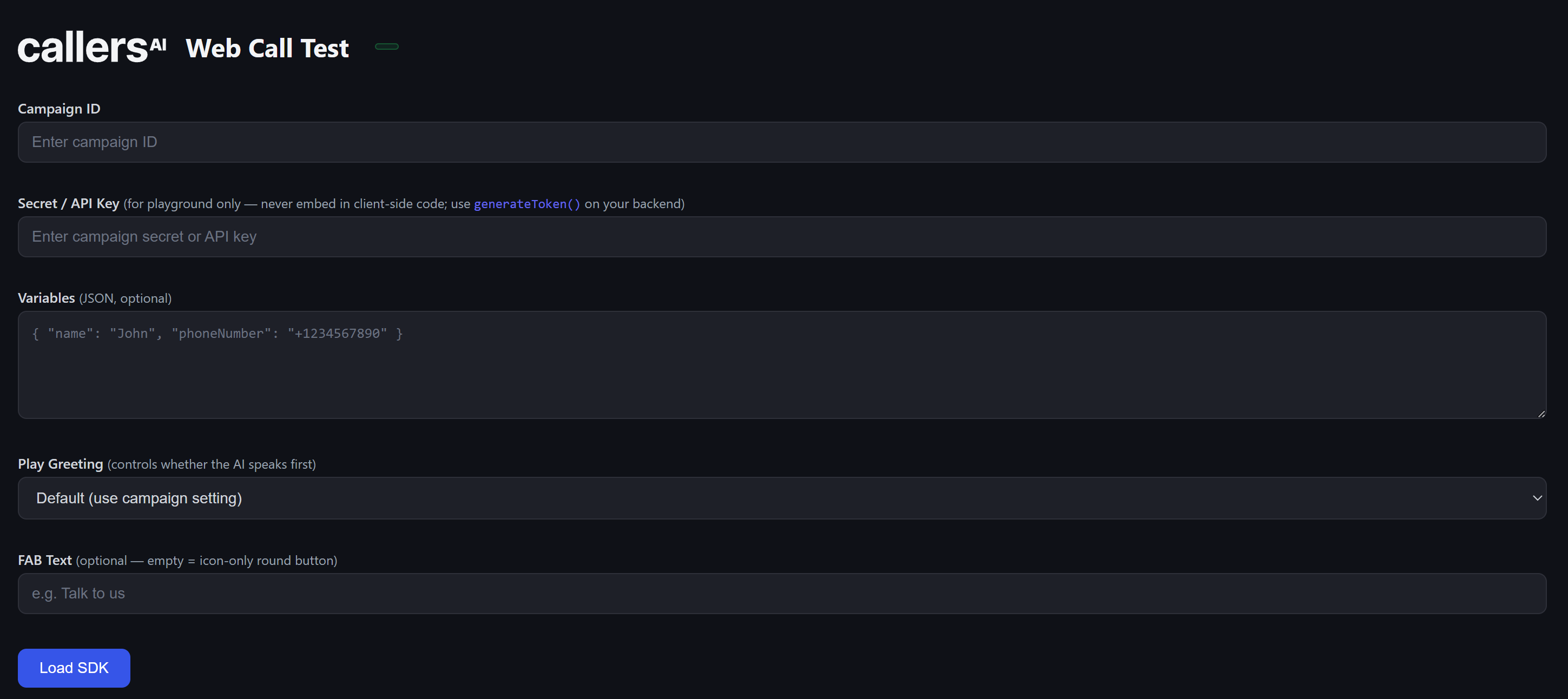 Playground configuration panel with campaign ID, secret, variables, and FAB text