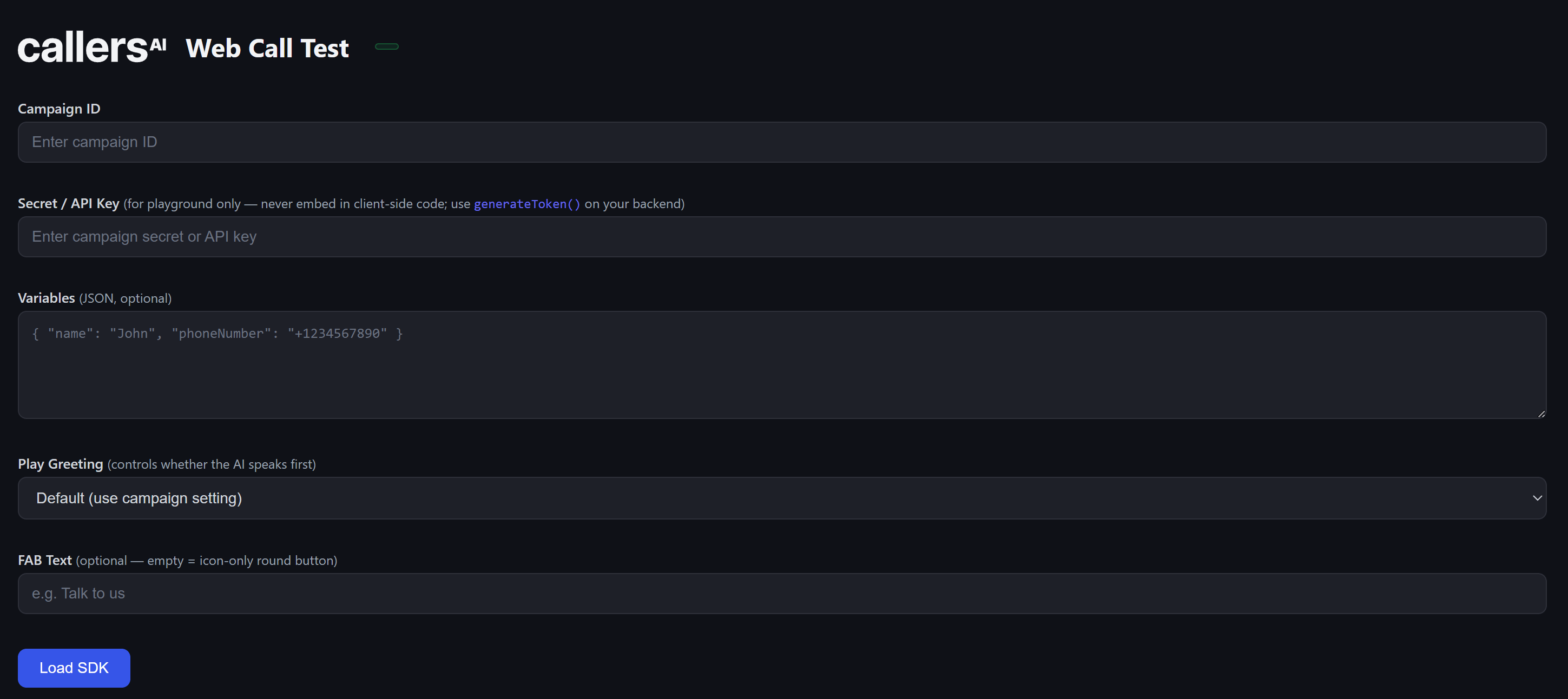 Playground configuration panel with campaign ID, secret, variables, and FAB text