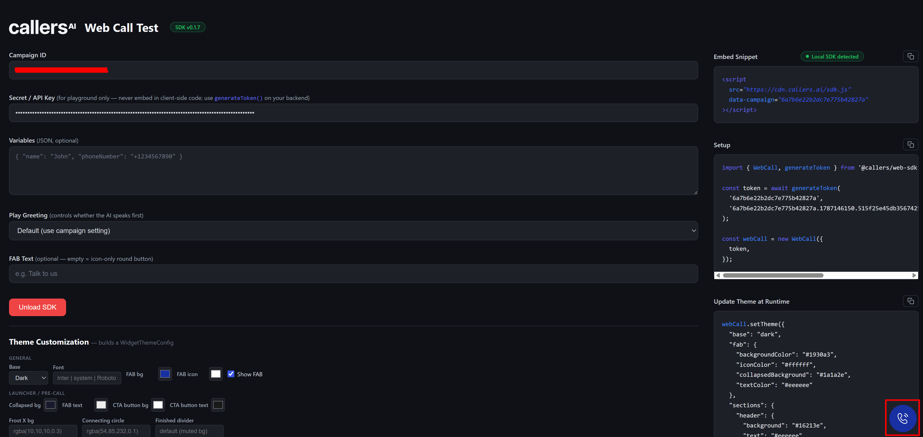 SDK Playground with a campaign connected, the SDK loaded, and the widget button running on the page