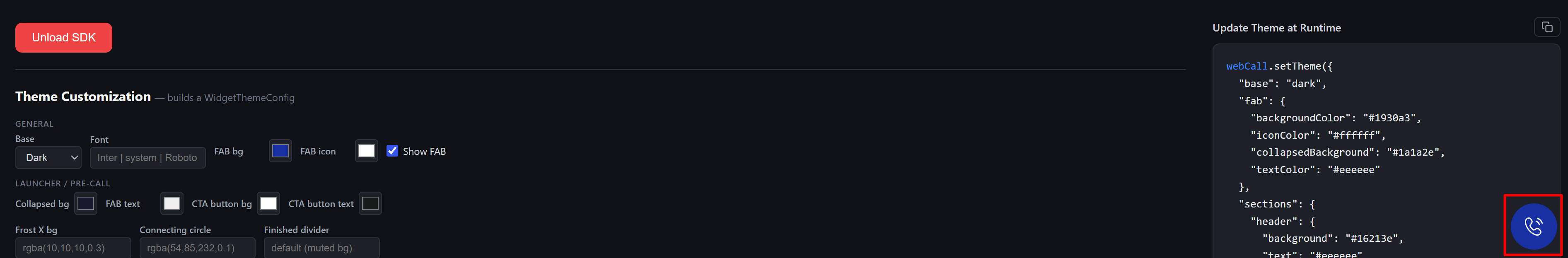 Playground with a loaded campaign, the base palette set to Dark, the generated theme configuration, and the live widget button