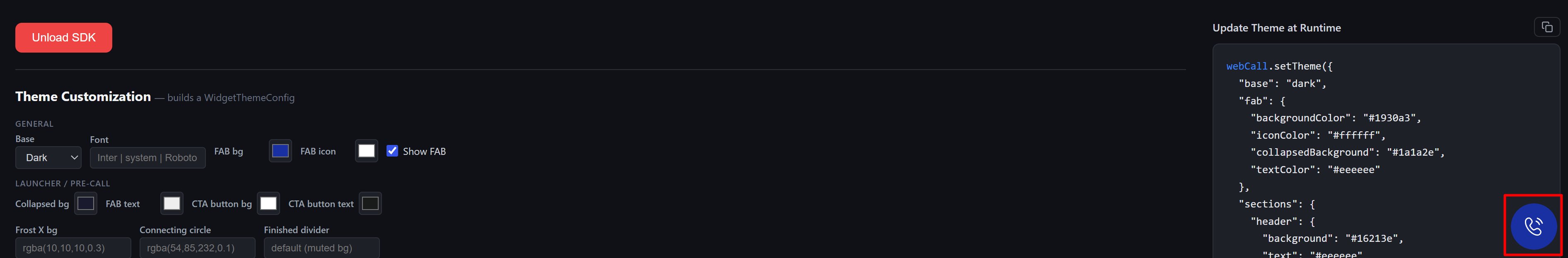 Playground with a loaded campaign, the base palette set to Dark, the generated theme configuration, and the live widget button